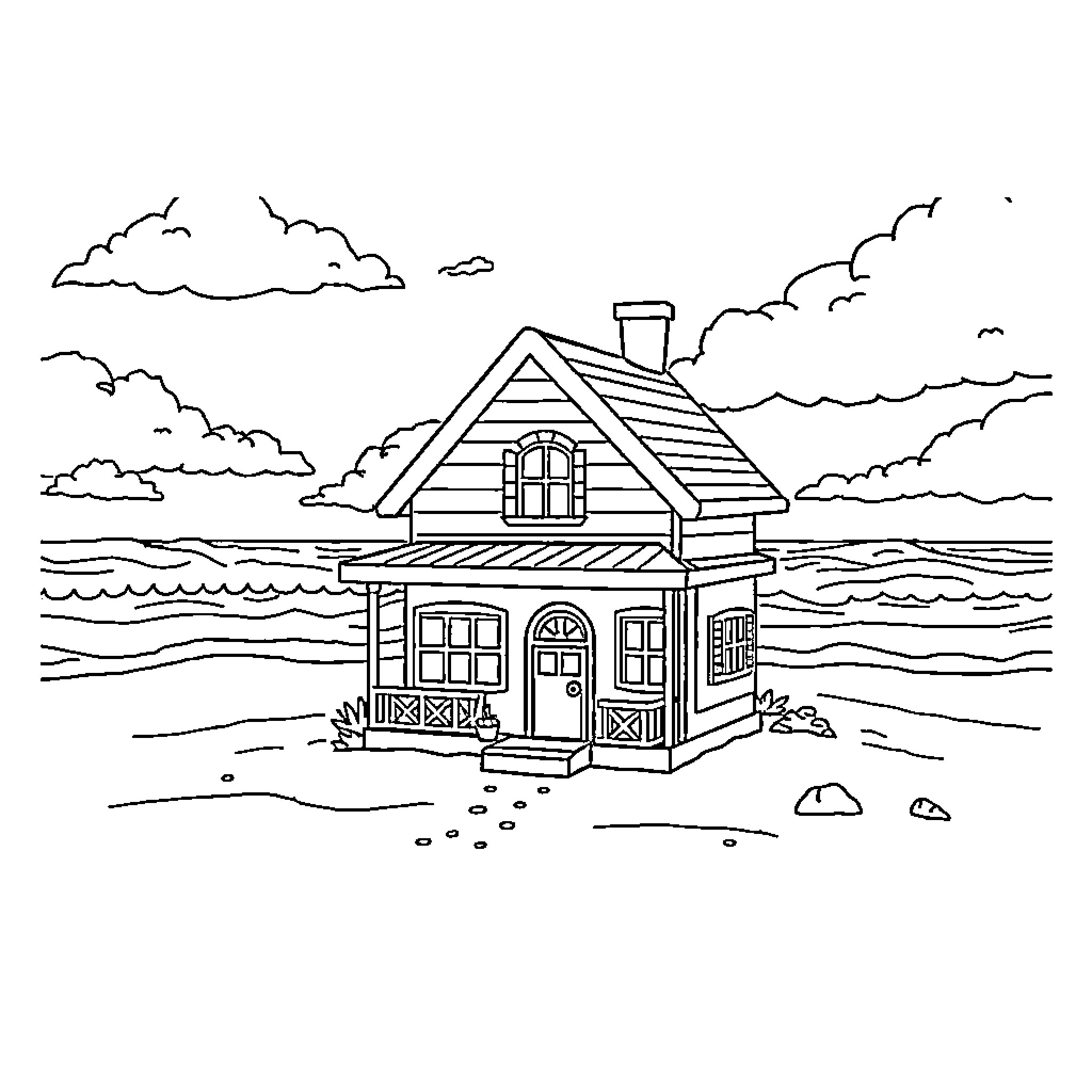Dollhouse by the serene lake Coloring Page (free black-and-white line drawing printable PDF for all, from beginners to advanced learners, including children, teens, adults, and seniors)