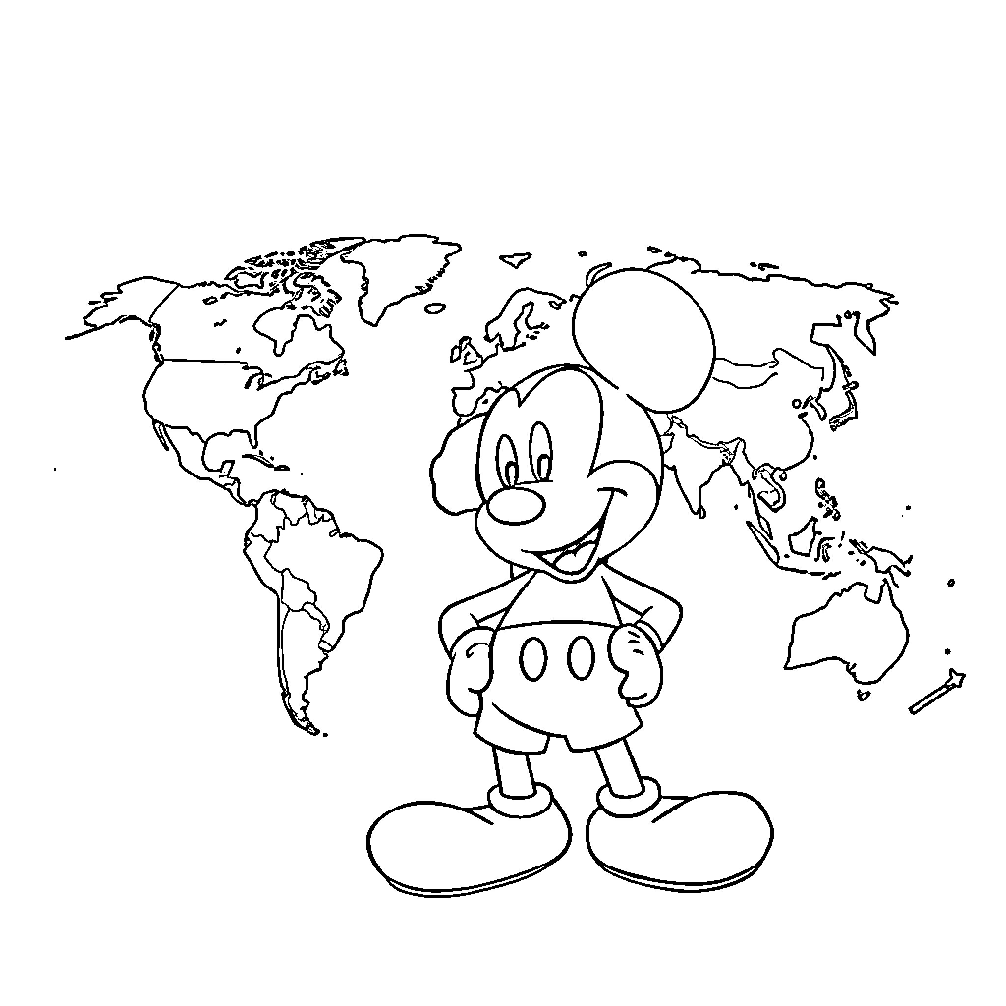 Mickey Mouse exploring the world map Coloring Page (free black-and-white line drawing printable PDF for all, from beginners to advanced learners, including children, teens, adults, and seniors)