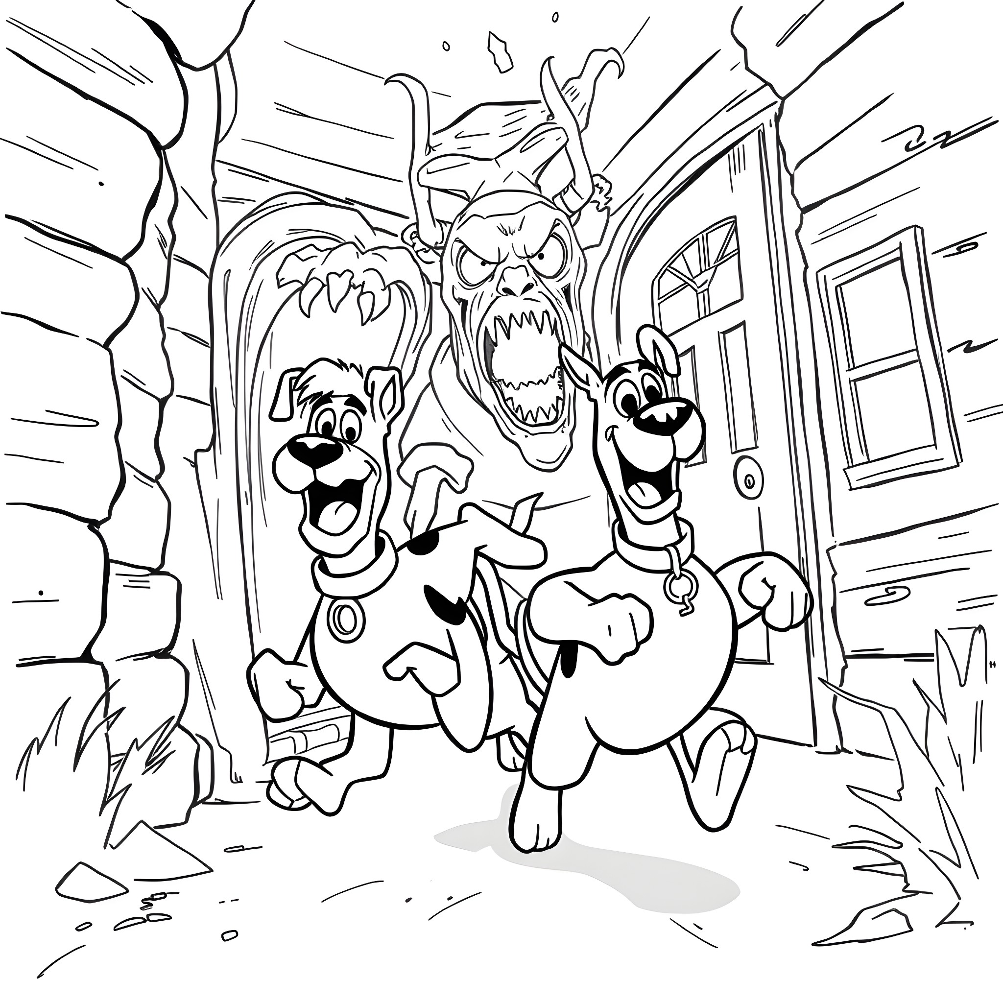 Scooby Doo and friends in a frightening situation Coloring Page (free black-and-white line drawing printable PDF for all, from beginners to advanced learners, including children, teens, adults, and seniors)