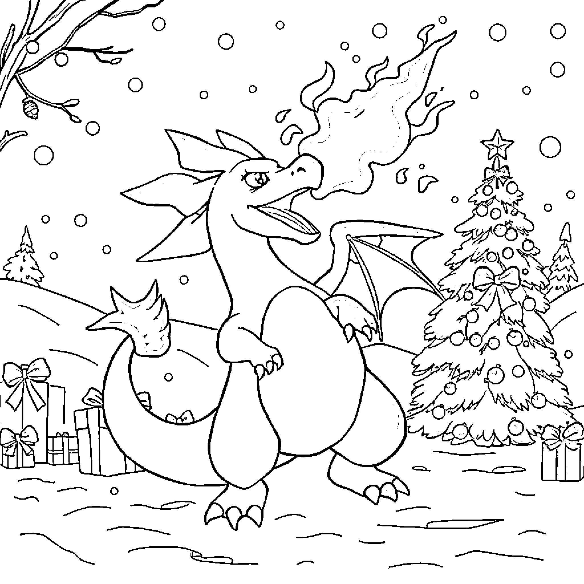 Charizard's Wintery Wonderland Adventure Coloring Page (free black-and-white line drawing printable PDF for all, from beginners to advanced learners, including children, teens, adults, and seniors)