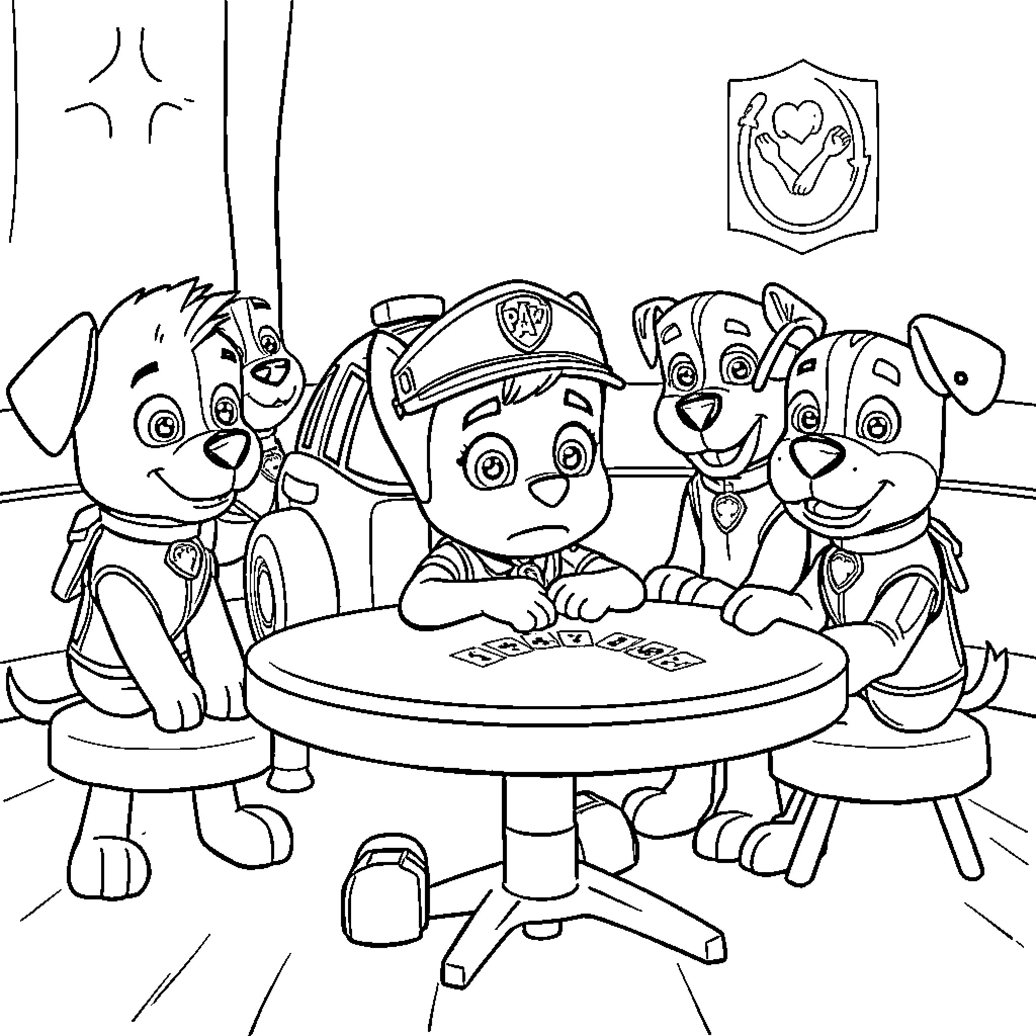 Chase the Pups' Playful Adventure Coloring Page (free black-and-white line drawing printable PDF for all, from beginners to advanced learners, including children, teens, adults, and seniors)