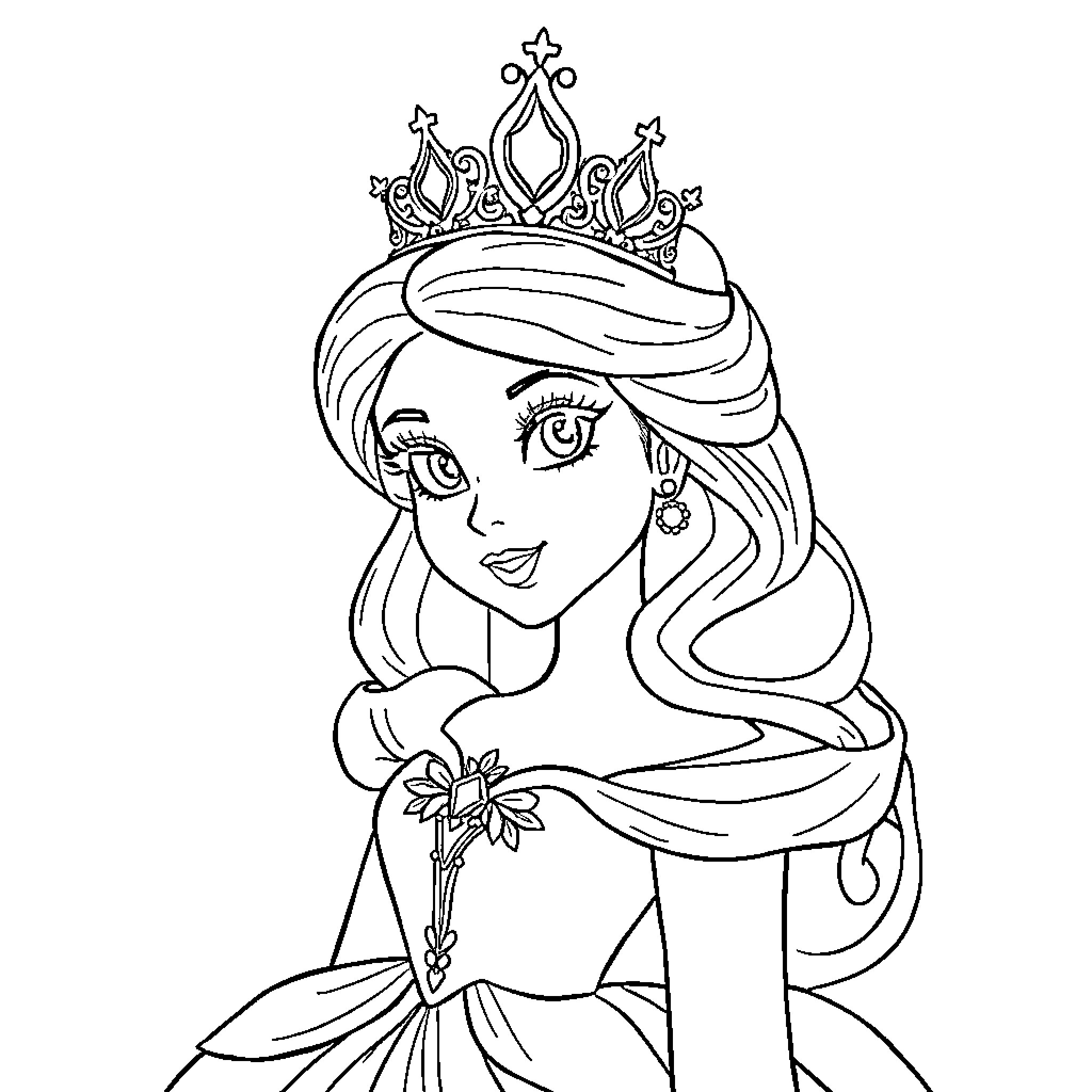 Princess in Elegant Attire with Crown Coloring Page (free black-and-white line drawing printable PDF for all, from beginners to advanced learners, including children, teens, adults, and seniors)