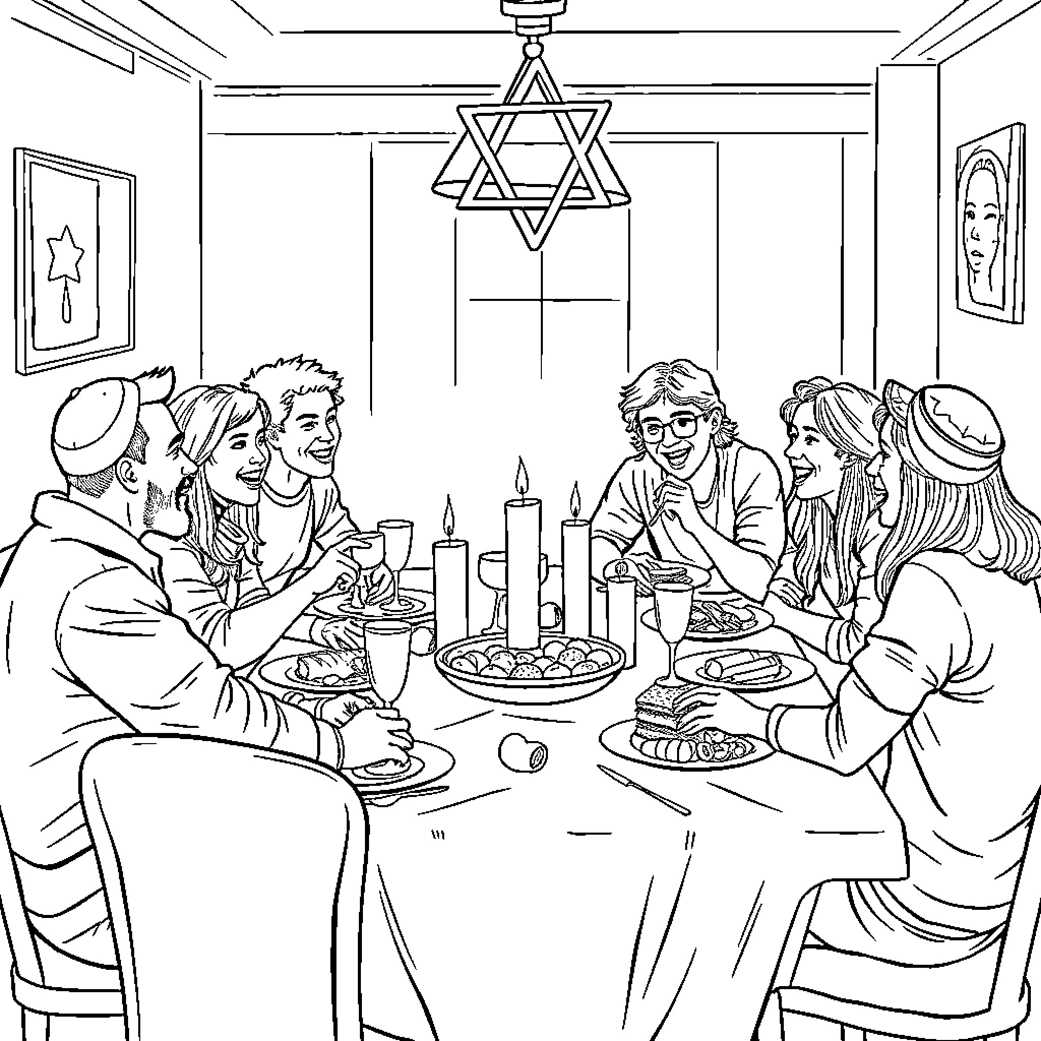 Young Adult Family Celebration with Traditional Decor Coloring Page (free black-and-white line drawing printable PDF for all, from beginners to advanced learners, including children, teens, adults, and seniors)