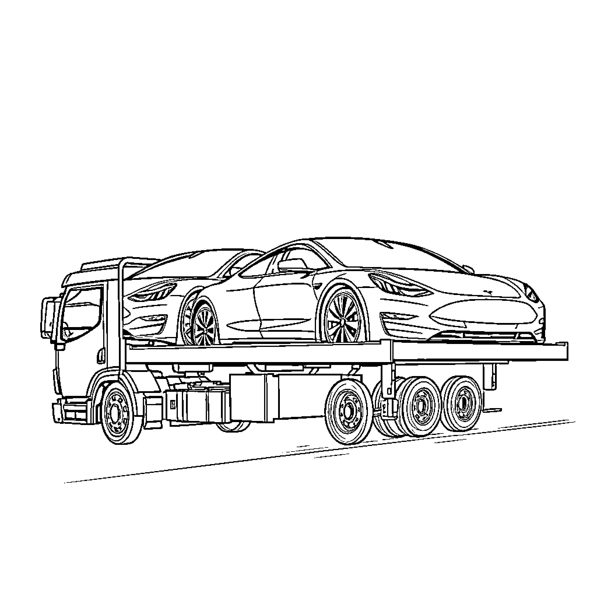 Car being transported on a flatbed truck Coloring Page (free black-and-white line drawing printable PDF for all, from beginners to advanced learners, including children, teens, adults, and seniors)
