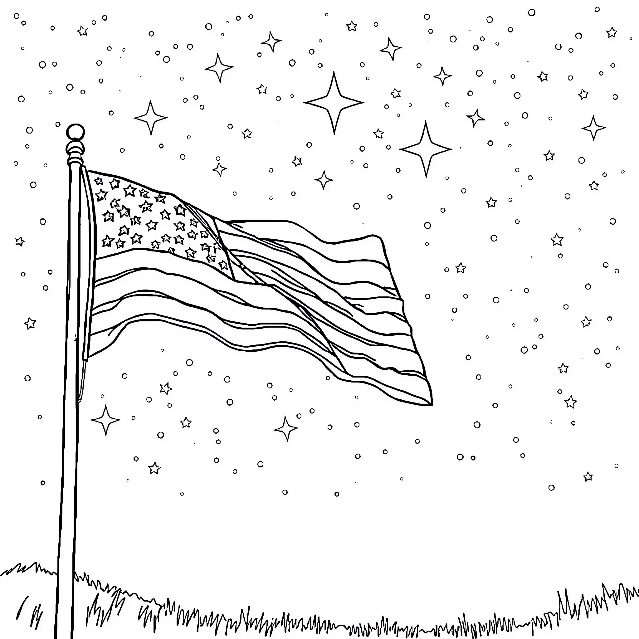 Star-Spangled Banner Waving in the Starry Night Sky Coloring Page (free black-and-white line drawing printable PDF for all, from beginners to advanced learners, including children, teens, adults, and seniors)