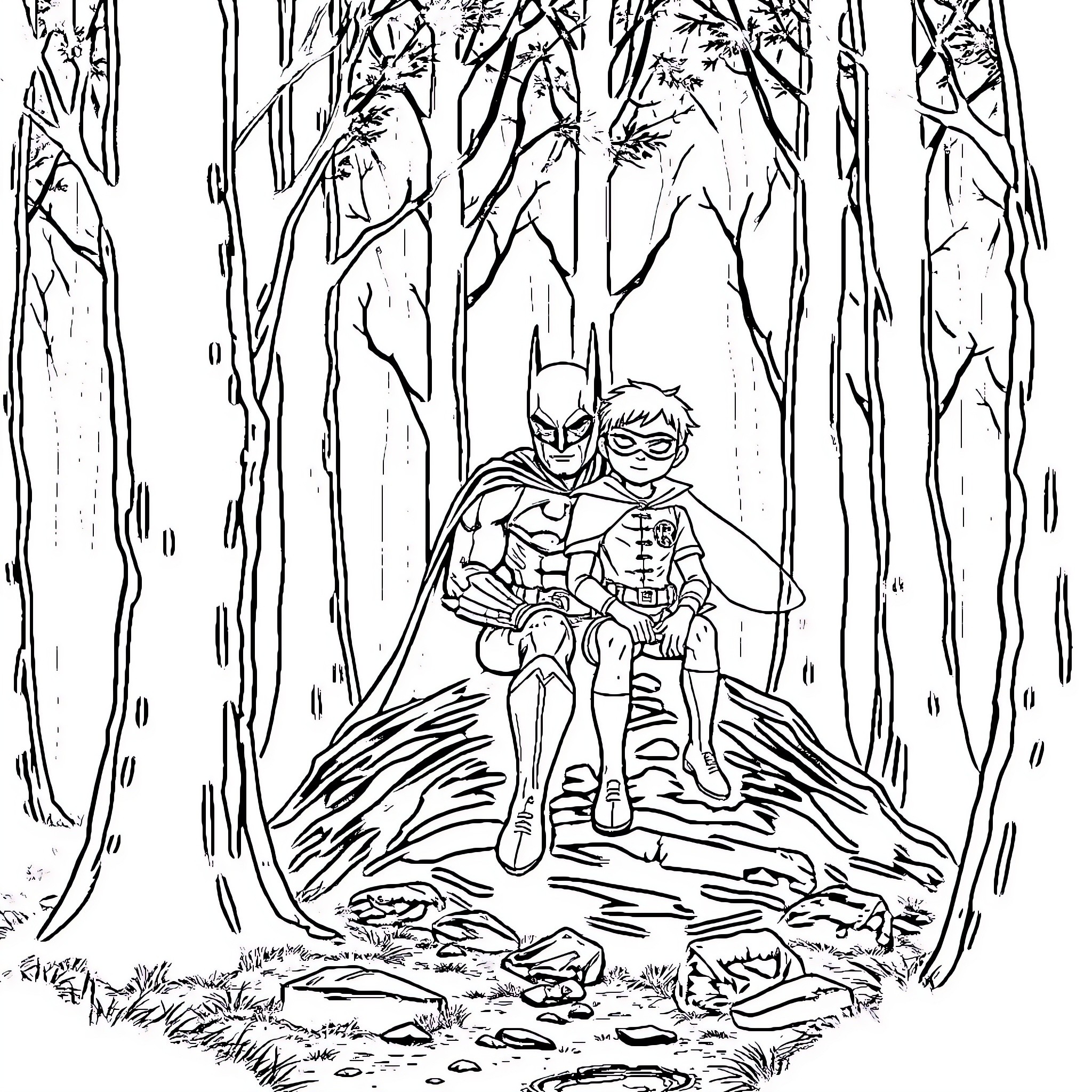 Batman and Robin exploring the mysterious forest Coloring Page (free black-and-white line drawing printable PDF for all, from beginners to advanced learners, including children, teens, adults, and seniors)