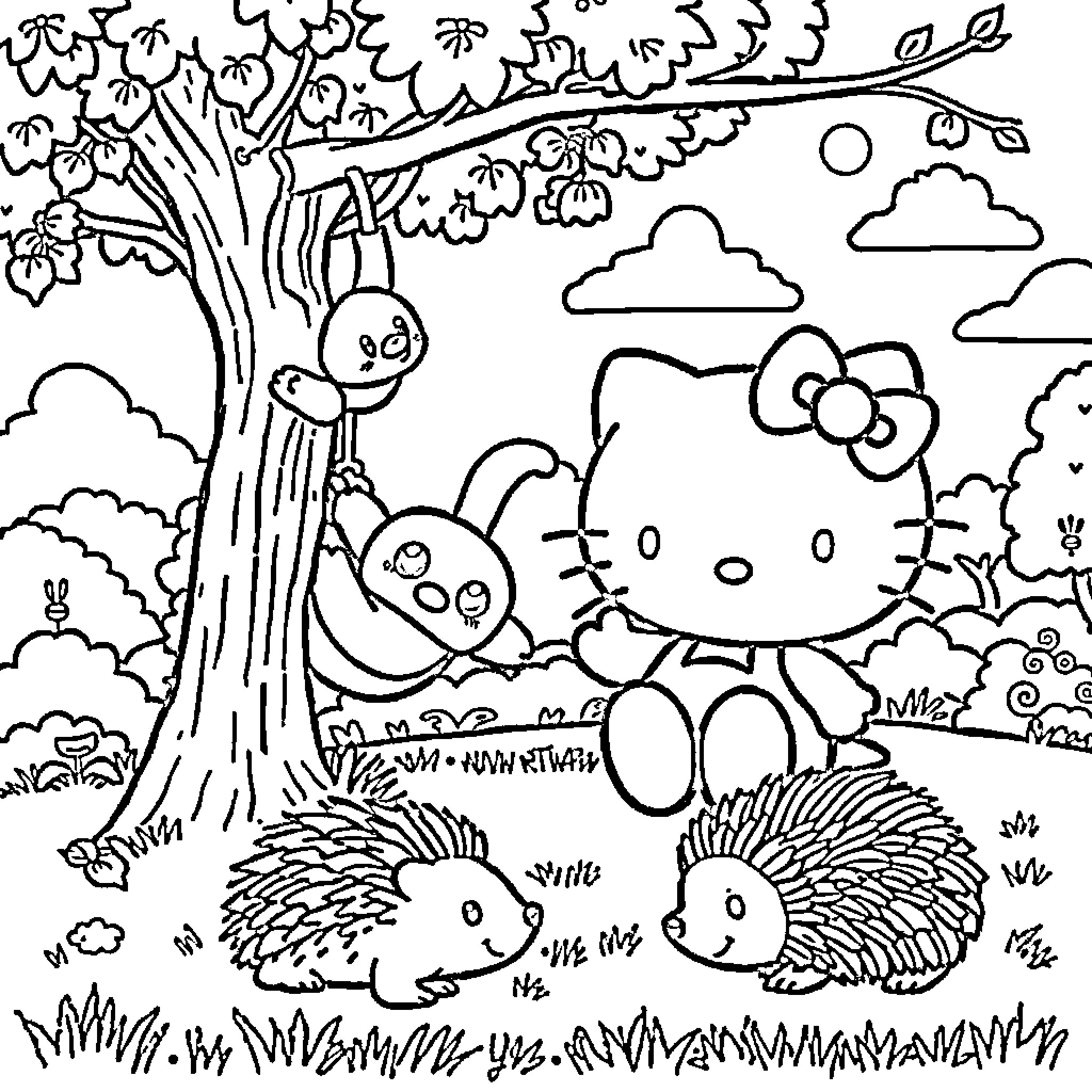 Hello Kitty in the Enchanted Forest Coloring Page (free black-and-white line drawing printable PDF for all, from beginners to advanced learners, including children, teens, adults, and seniors)
