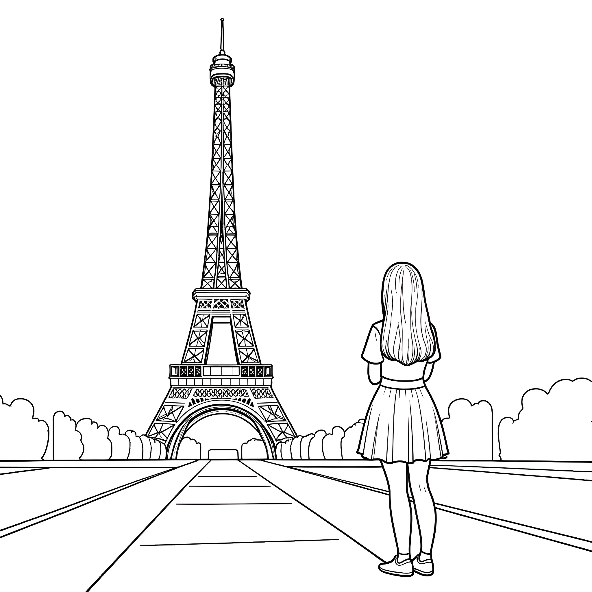 Girl looking at the Eiffel Tower Coloring Page (free black-and-white line drawing printable PDF for all, from beginners to advanced learners, including children, teens, adults, and seniors)