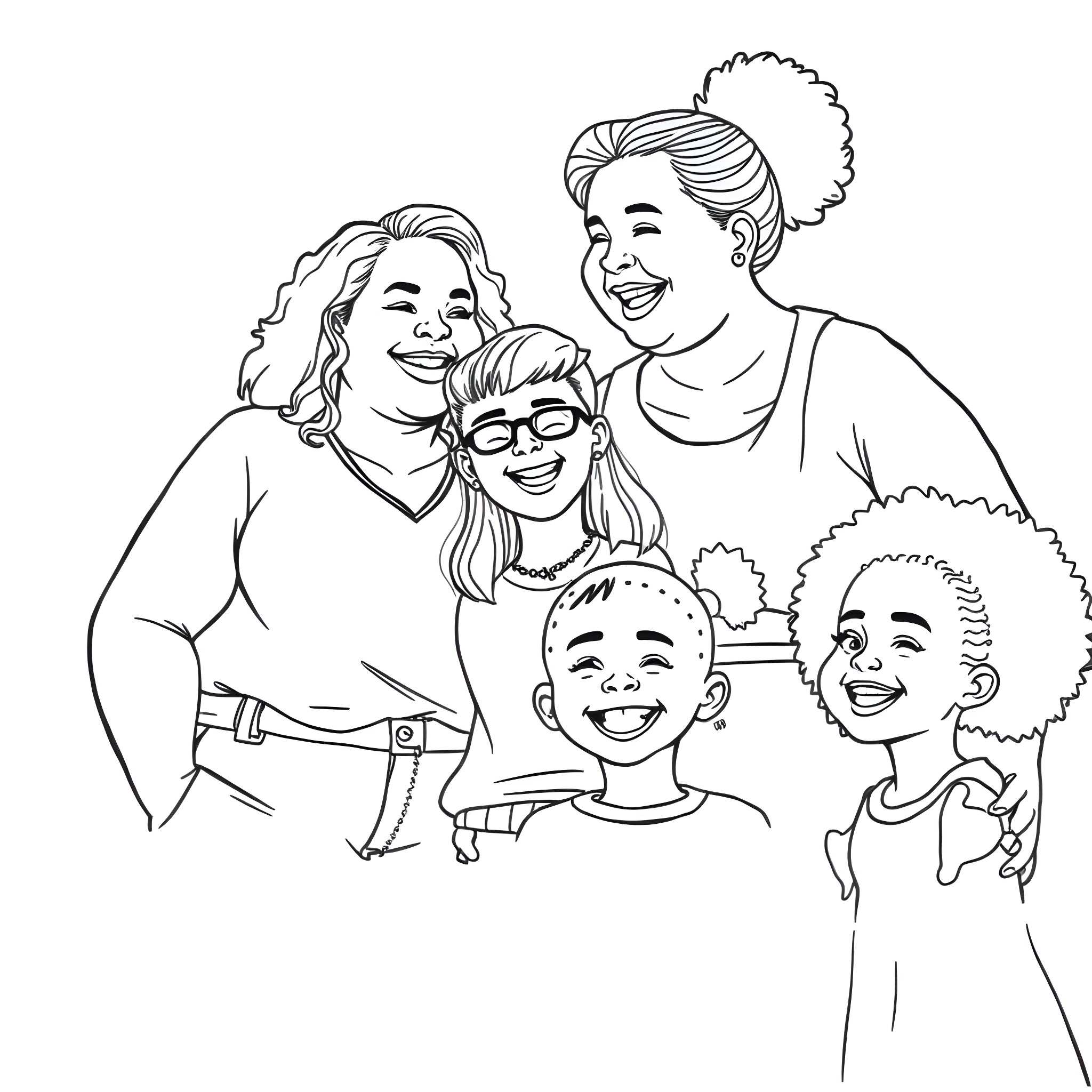 Mom and Family Enjoying Time Together Coloring Page (free black-and-white line drawing printable PDF for all, from beginners to advanced learners, including children, teens, adults, and seniors)