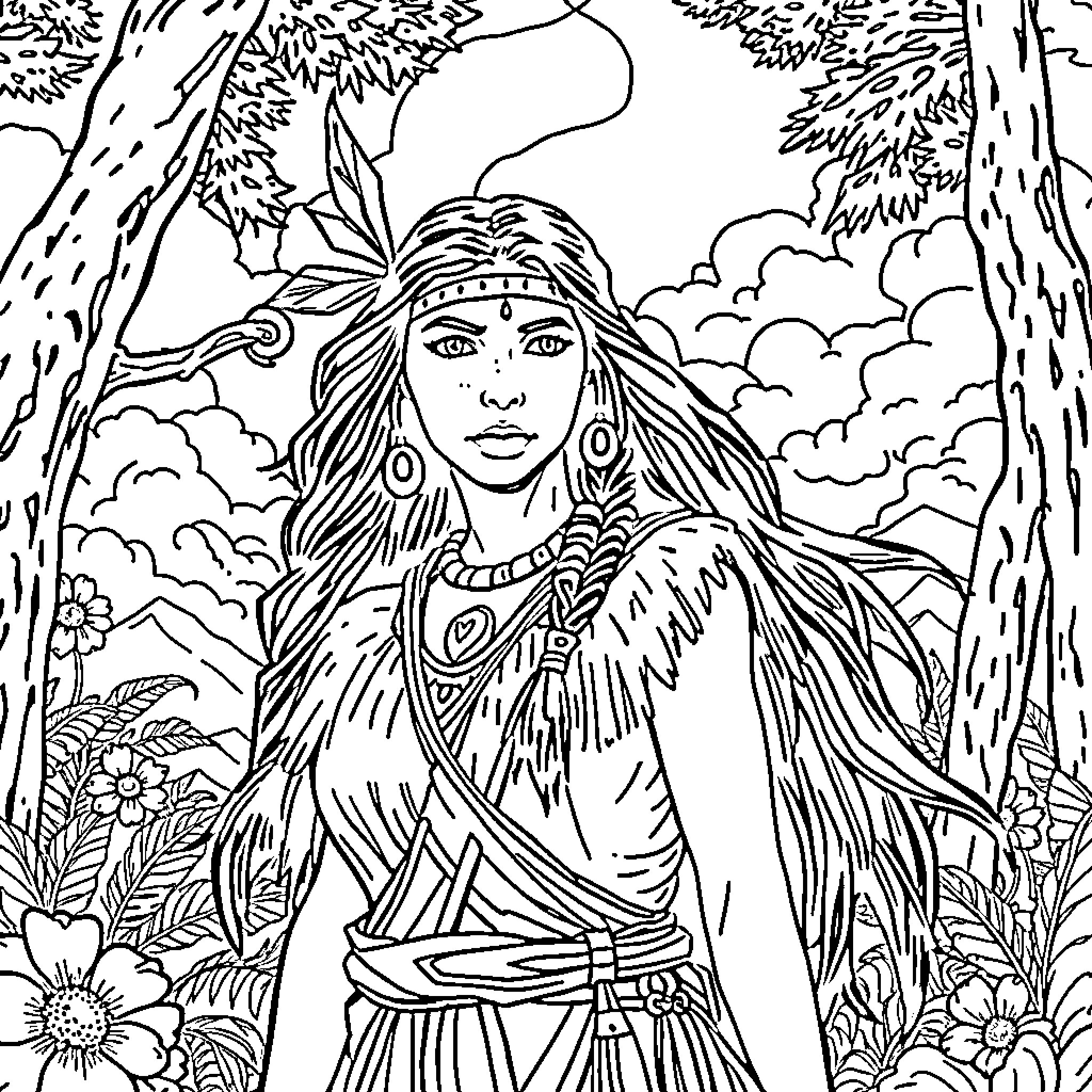 Pocahontas exploring the enchanted forest Coloring Page (free black-and-white line drawing printable PDF for all, from beginners to advanced learners, including children, teens, adults, and seniors)