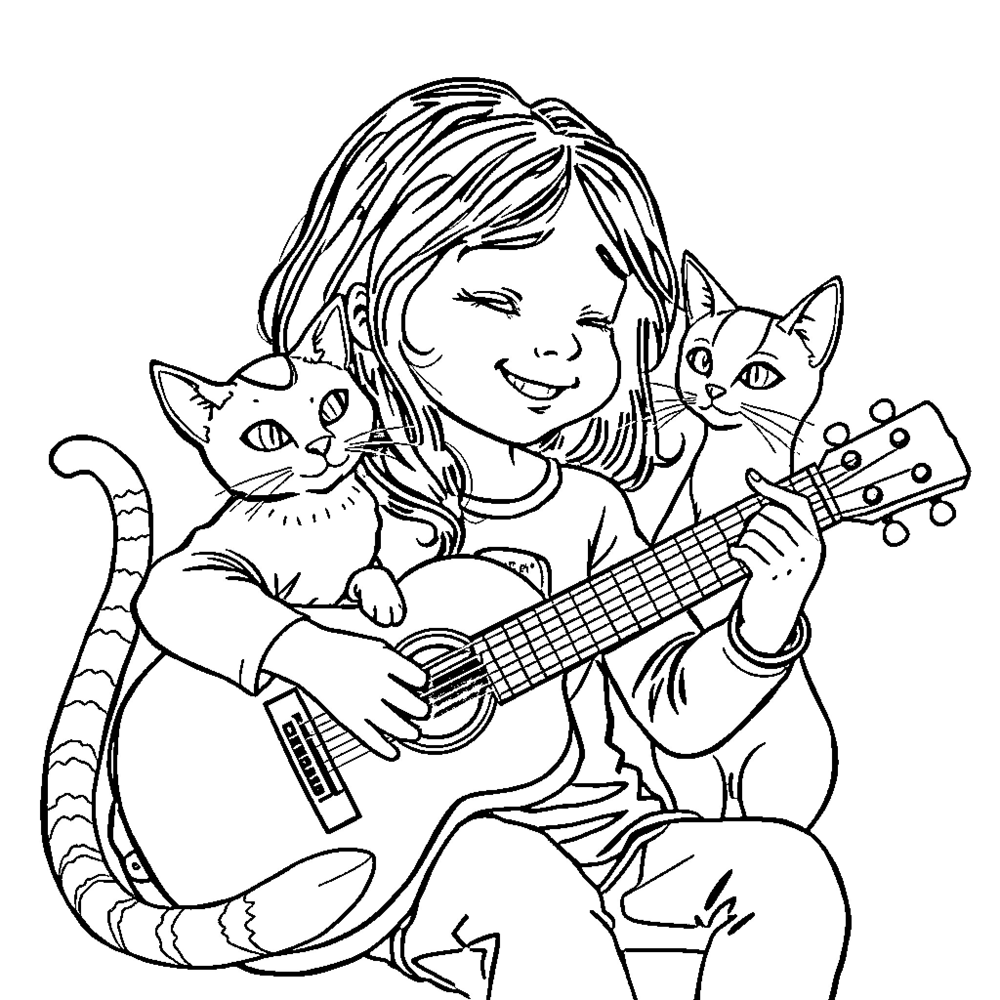 Nina playing guitar with her cat friends Coloring Page (free black-and-white line drawing printable PDF for all, from beginners to advanced learners, including children, teens, adults, and seniors)