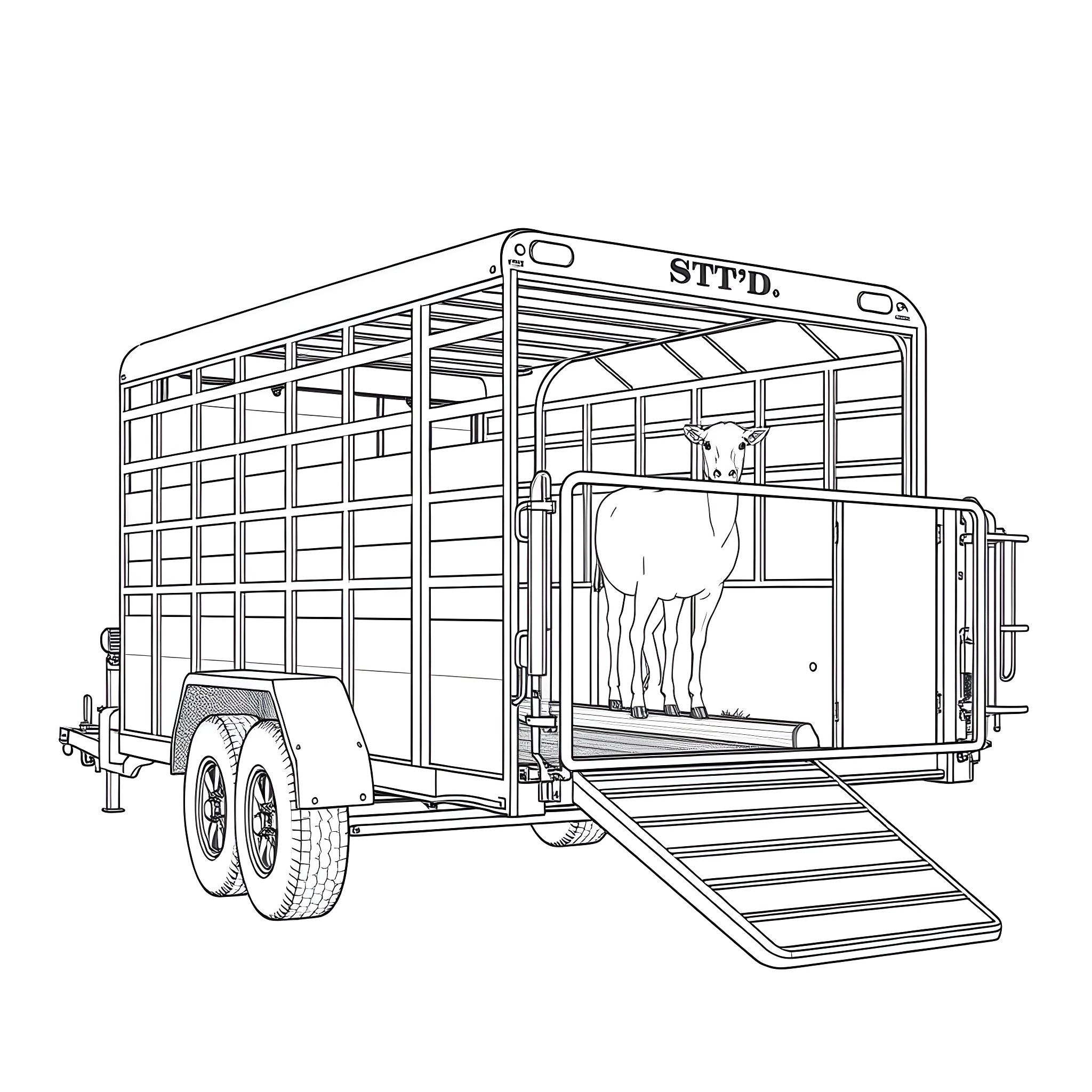 Gooseneck Trailer with Livestock Transport Coloring Page (free black-and-white line drawing printable PDF for all, from beginners to advanced learners, including children, teens, adults, and seniors)