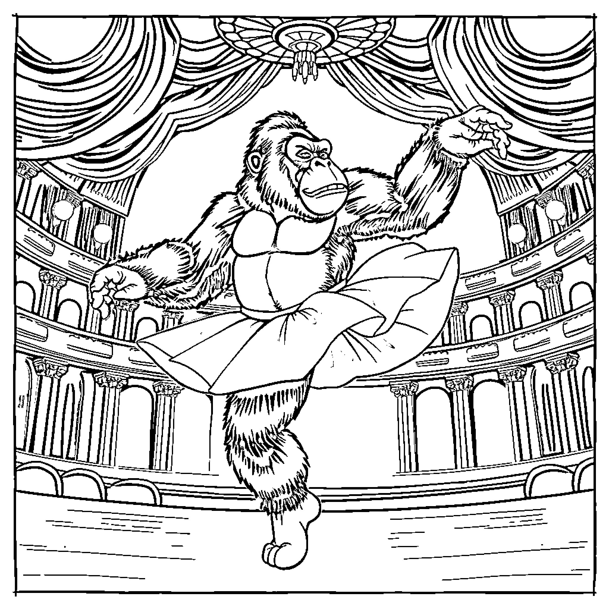 King Kong performs theatrical dance on stage Coloring Page (free black-and-white line drawing printable PDF for all, from beginners to advanced learners, including children, teens, adults, and seniors)
