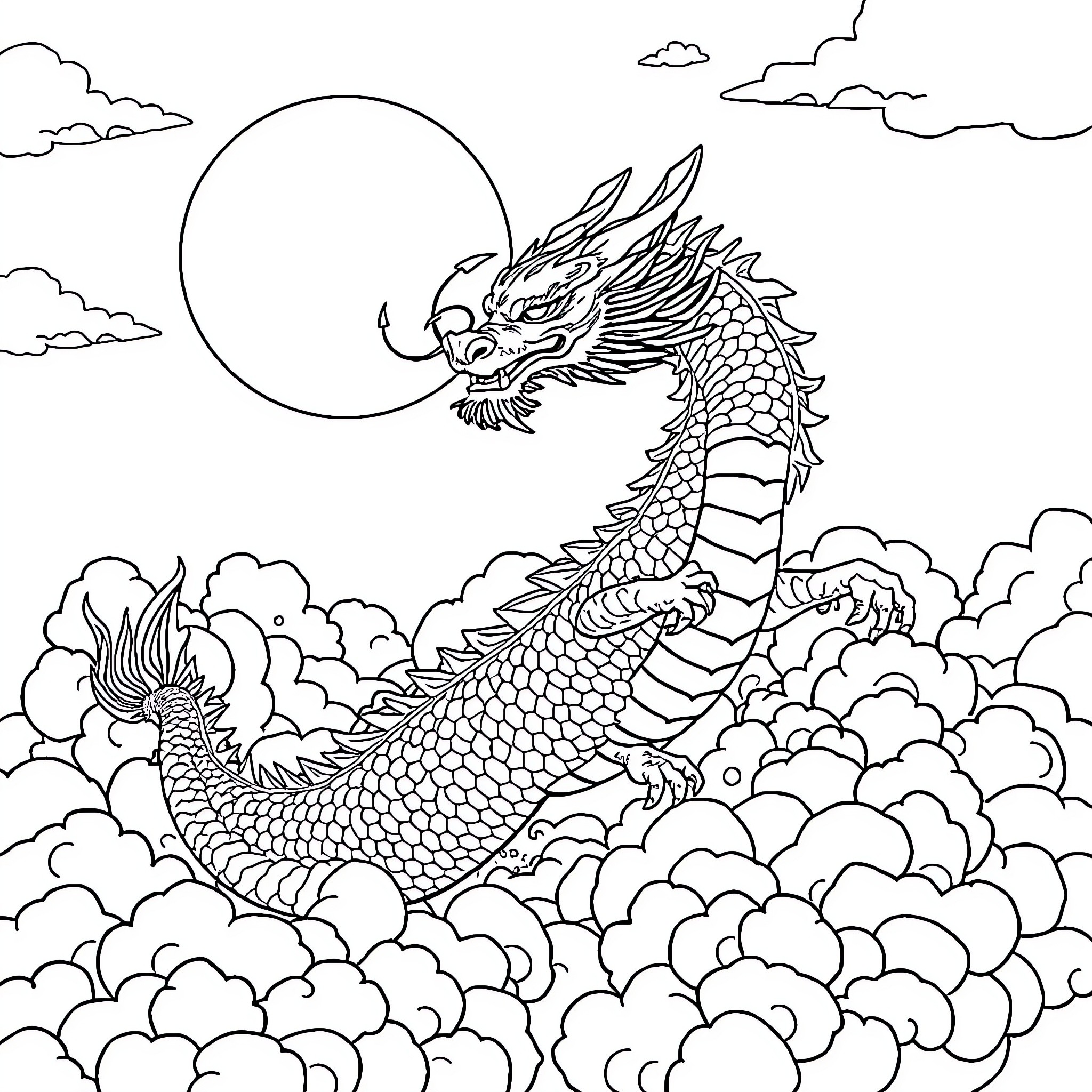 Dragon soaring through the cloudy sky Coloring Page (free black-and-white line drawing printable PDF for all, from beginners to advanced learners, including children, teens, adults, and seniors)