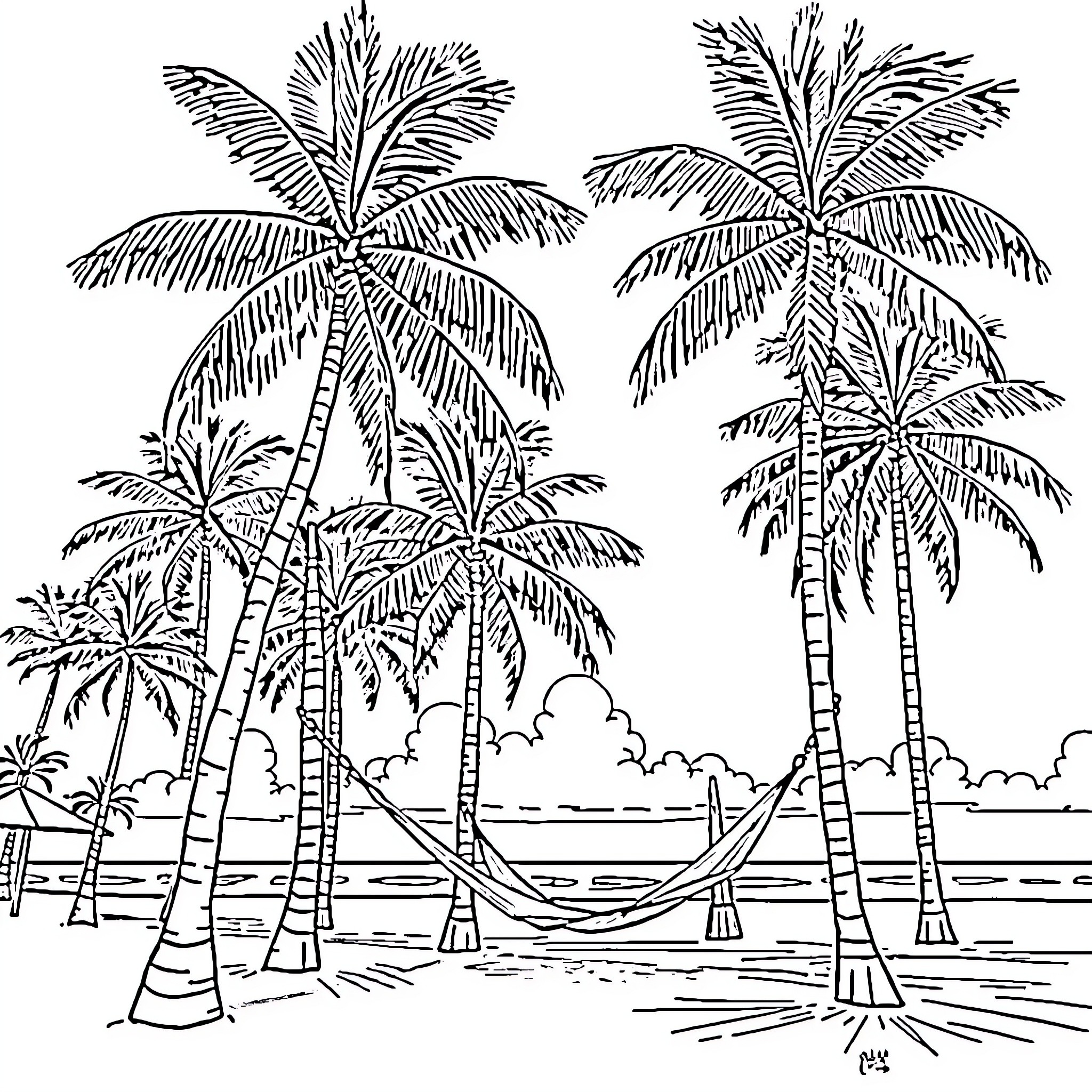 Palm Tree Scenic Tropical Beach with Hammock Coloring Page (free black-and-white line drawing printable PDF for all, from beginners to advanced learners, including children, teens, adults, and seniors)