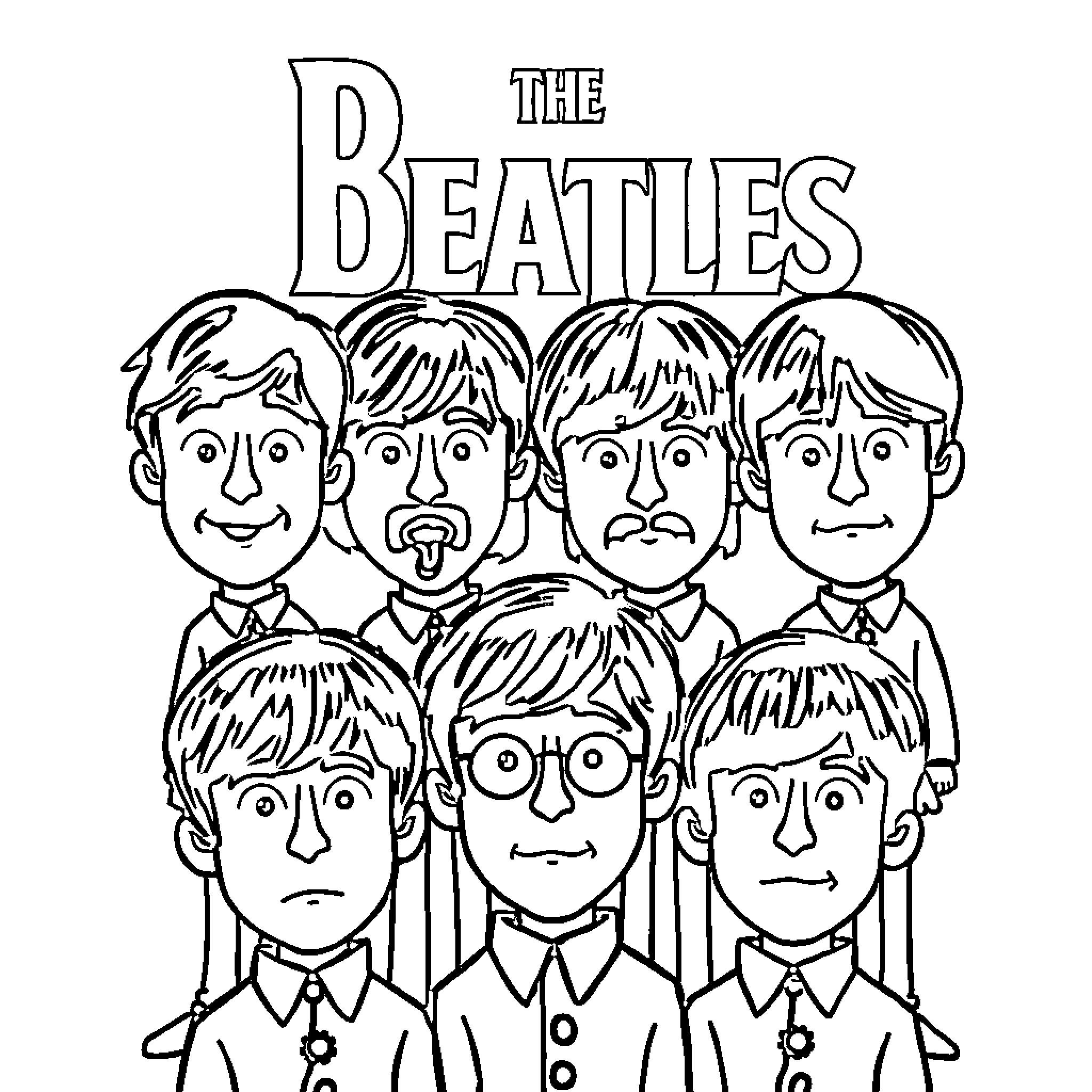 Beatles in formal attire performing on stage Coloring Page (free black-and-white line drawing printable PDF for all, from beginners to advanced learners, including children, teens, adults, and seniors)