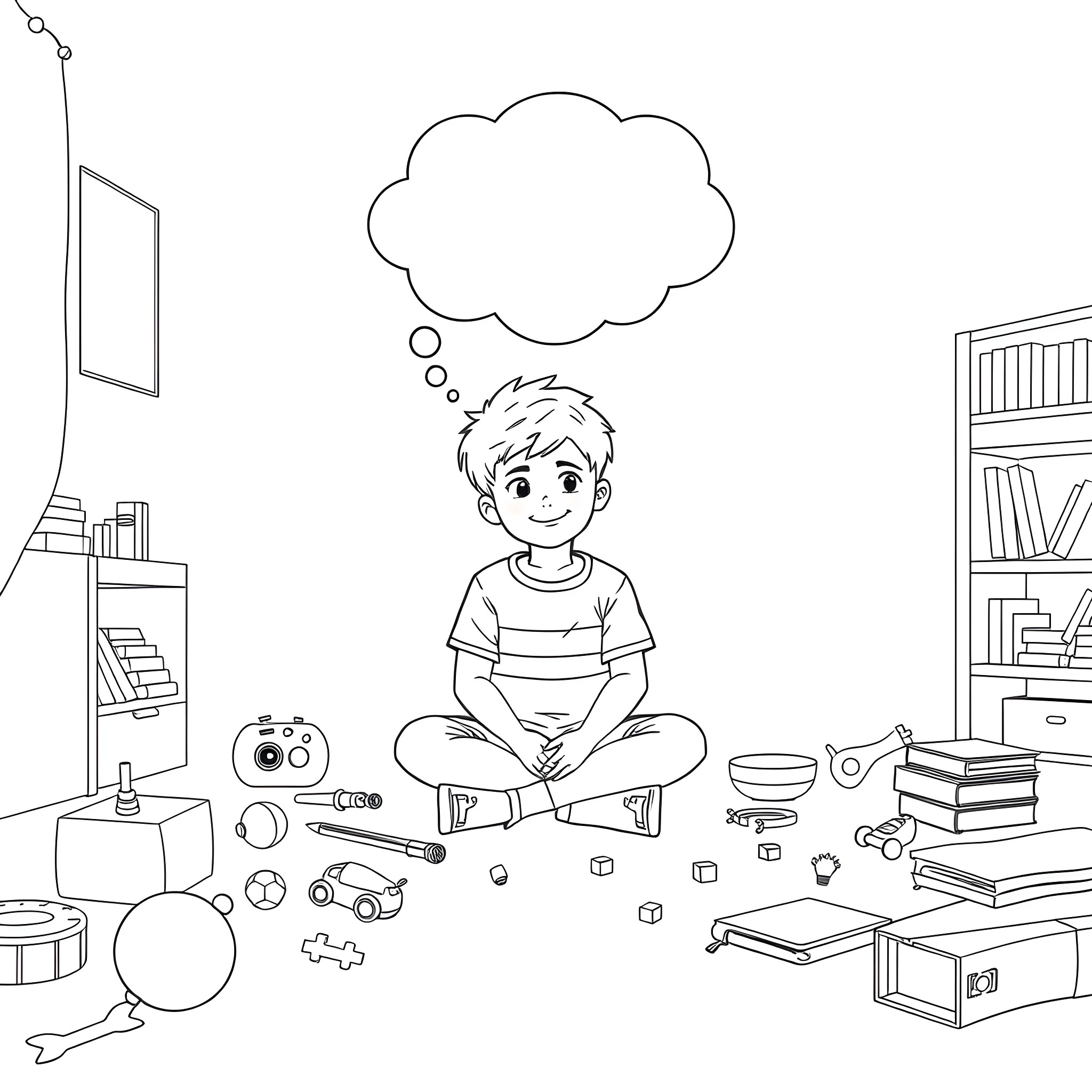 Boy daydreaming in a messy room Coloring Page (free black-and-white line drawing printable PDF for all, from beginners to advanced learners, including children, teens, adults, and seniors)
