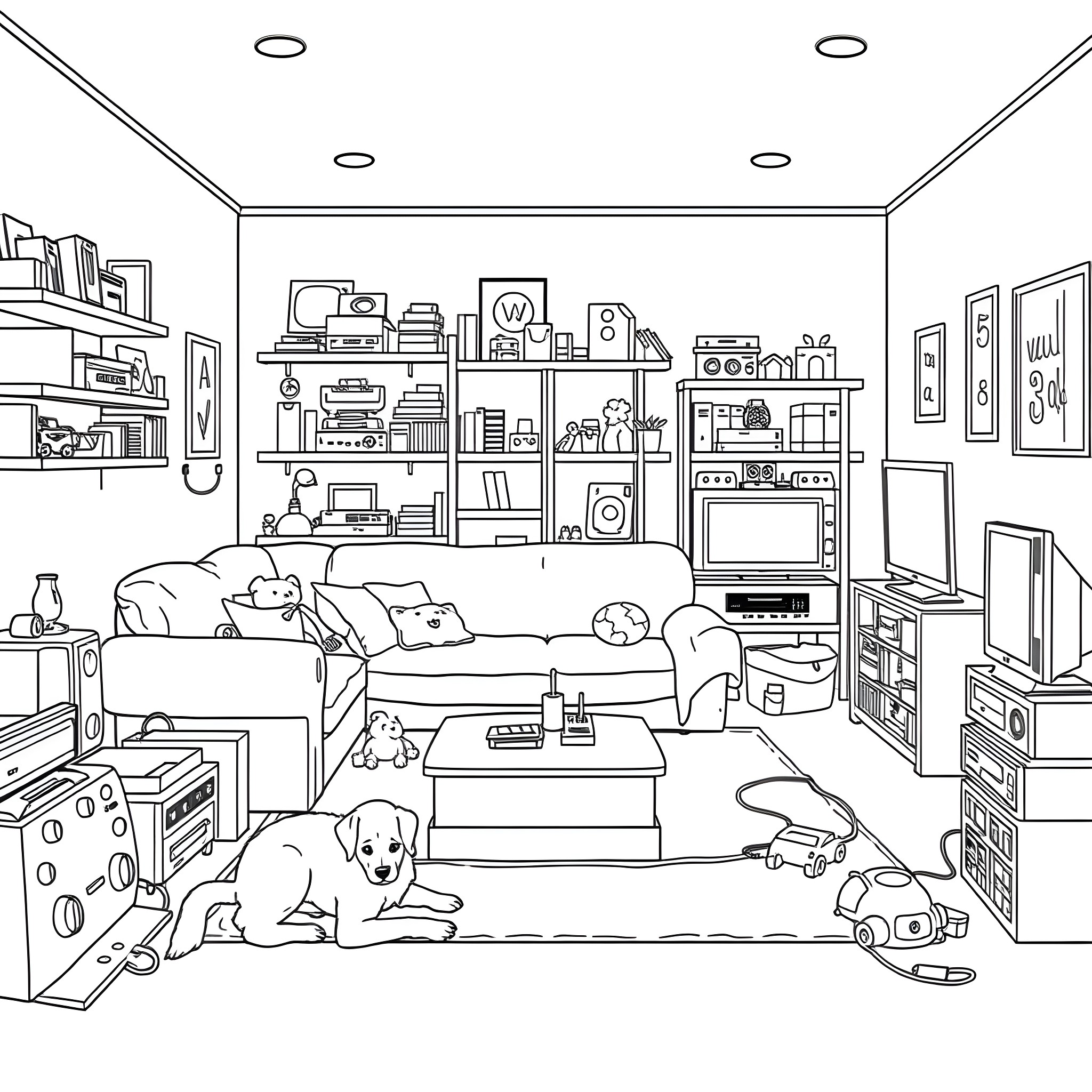 Playroom with toys, electronics, and pets Coloring Page (free black-and-white line drawing printable PDF for all, from beginners to advanced learners, including children, teens, adults, and seniors)