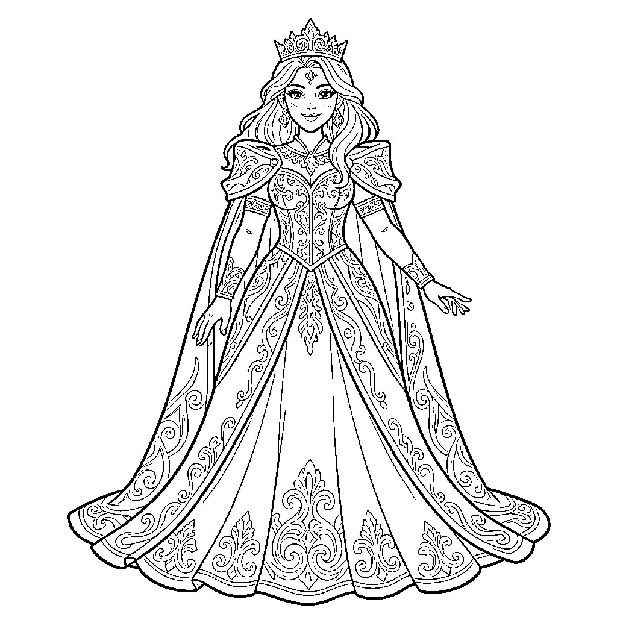 Diosa in Ornate Regal Attire Coloring Page (free black-and-white line drawing printable PDF for all, from beginners to advanced learners, including children, teens, adults, and seniors)