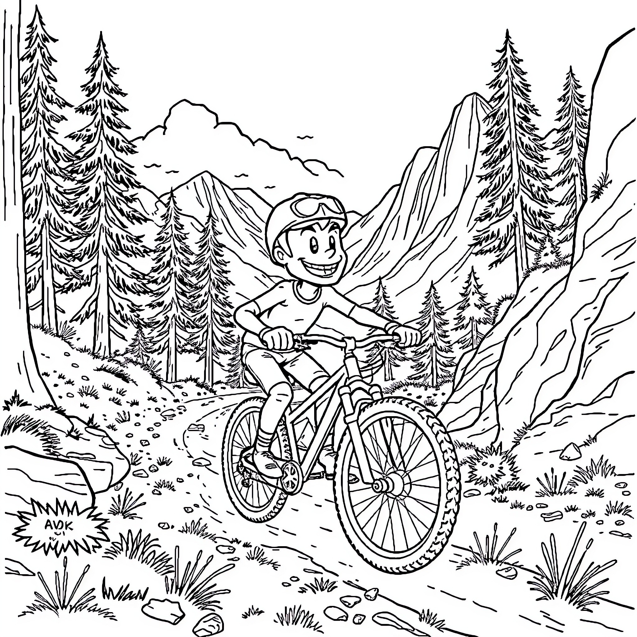 Butthead riding a bicycle through the mountains Coloring Page (free black-and-white line drawing printable PDF for all, from beginners to advanced learners, including children, teens, adults, and seniors)