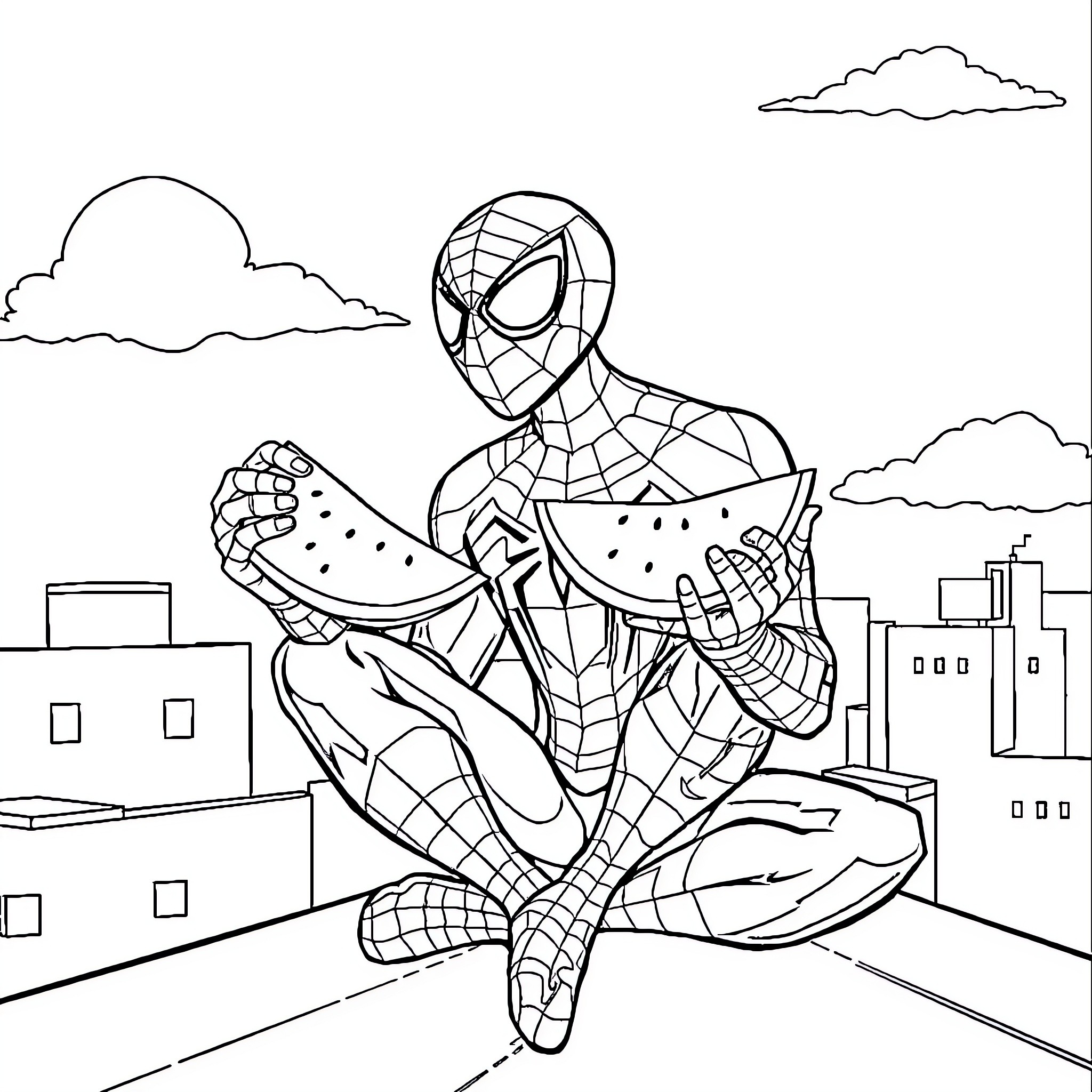 Spider-Man swinging through the city Coloring Page (free black-and-white line drawing printable PDF for all, from beginners to advanced learners, including children, teens, adults, and seniors)