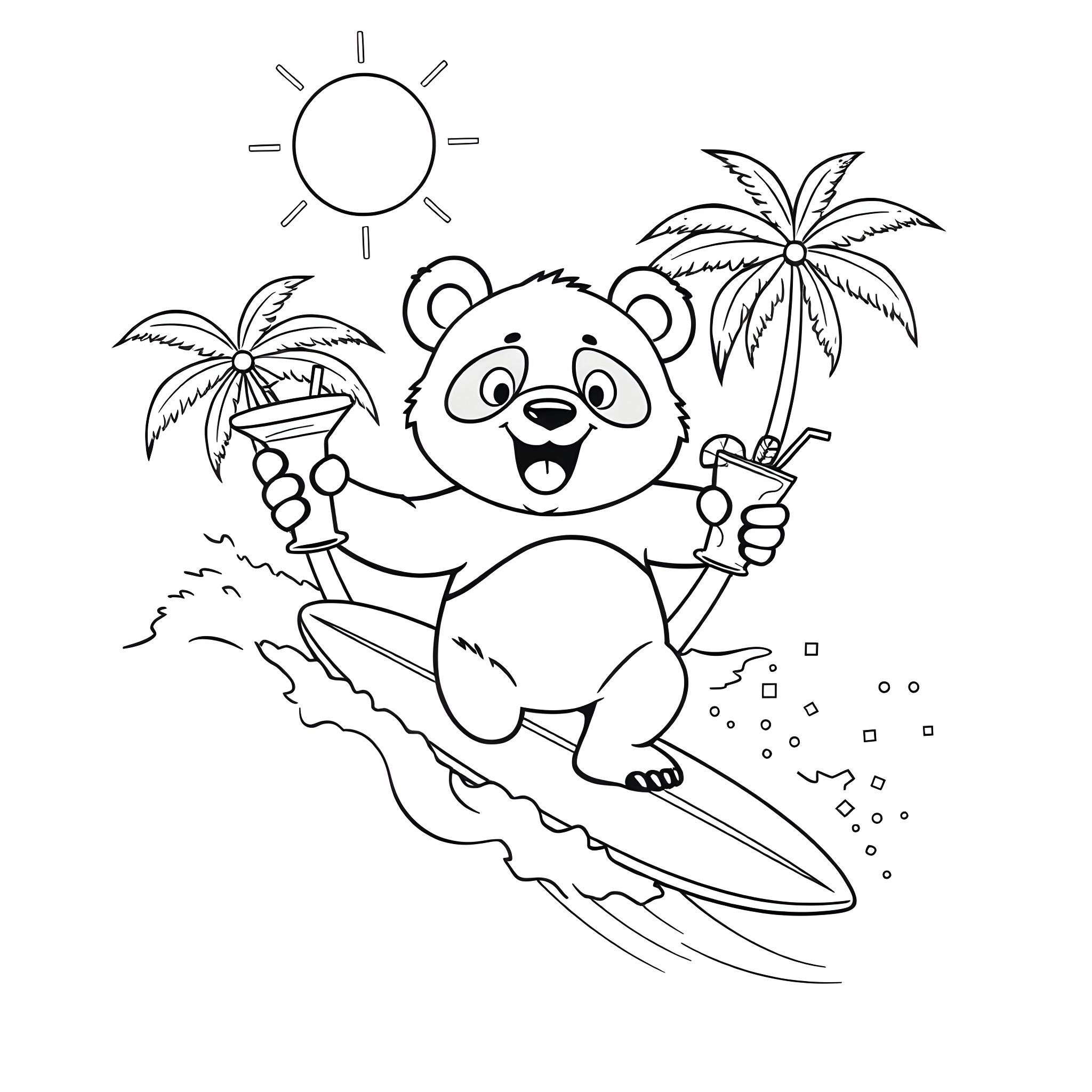 Panda enjoying tropical vacation on the beach Coloring Page (free black-and-white line drawing printable PDF for all, from beginners to advanced learners, including children, teens, adults, and seniors)