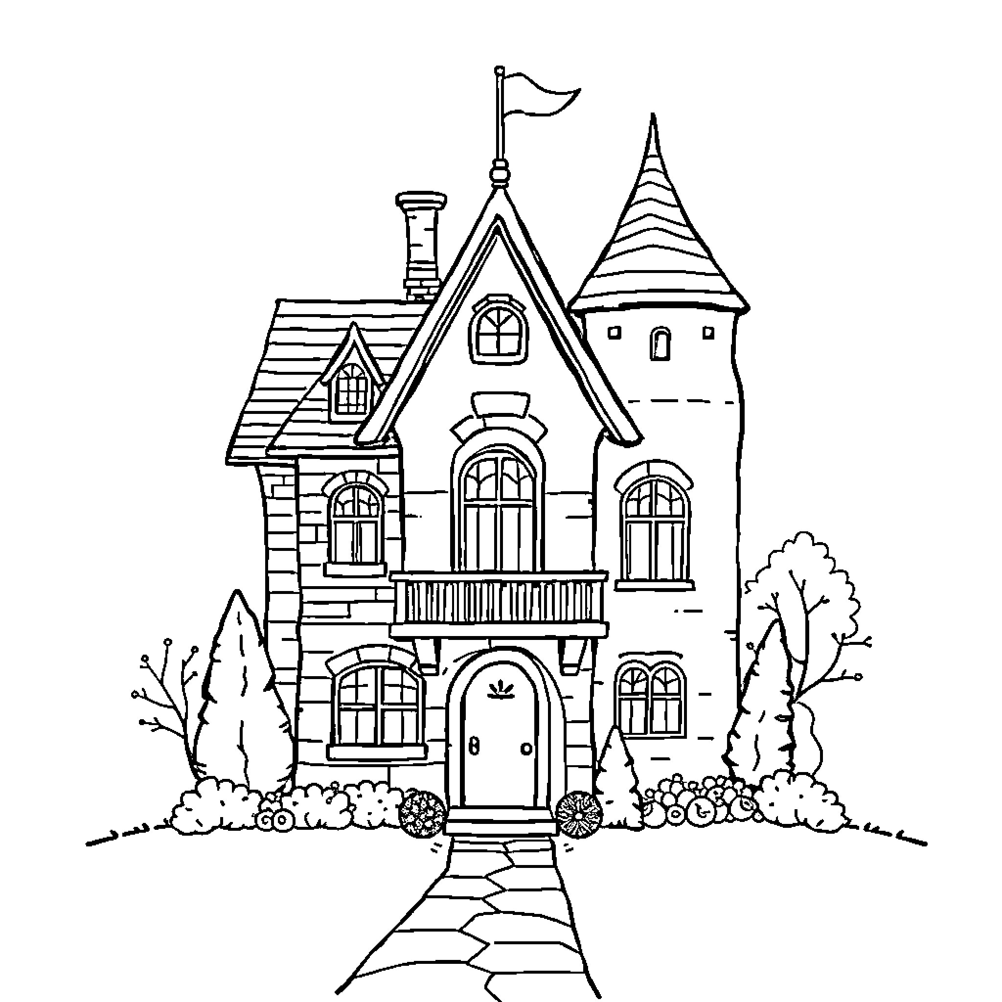 Castle with Whimsical Architecture and Foliage Coloring Page (free black-and-white line drawing printable PDF for all, from beginners to advanced learners, including children, teens, adults, and seniors)