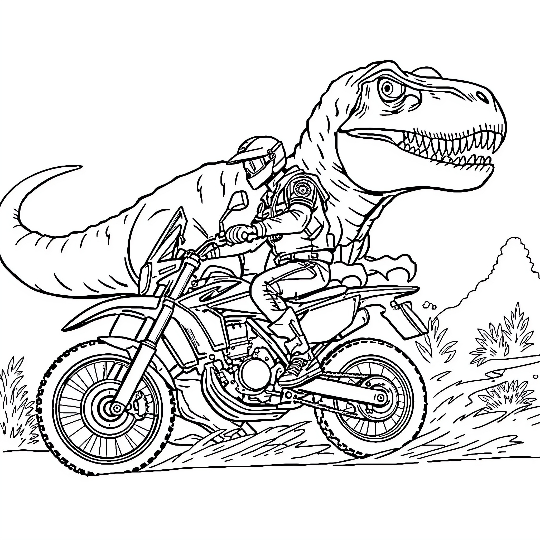 Police Officer Riding Motorcycle Alongside Dinosaur Coloring Page (free black-and-white line drawing printable PDF for all, from beginners to advanced learners, including children, teens, adults, and seniors)