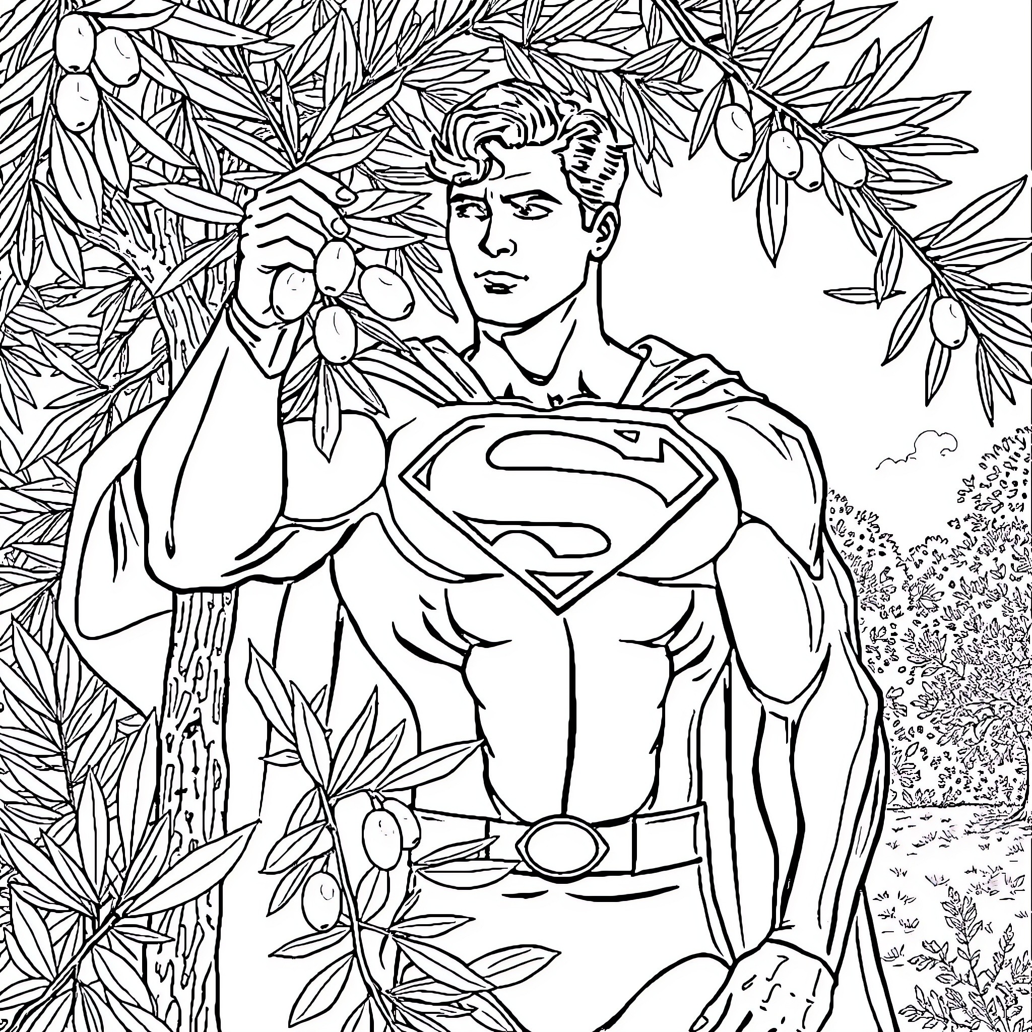 Superman surrounded by nature's beauty Coloring Page (free black-and-white line drawing printable PDF for all, from beginners to advanced learners, including children, teens, adults, and seniors)