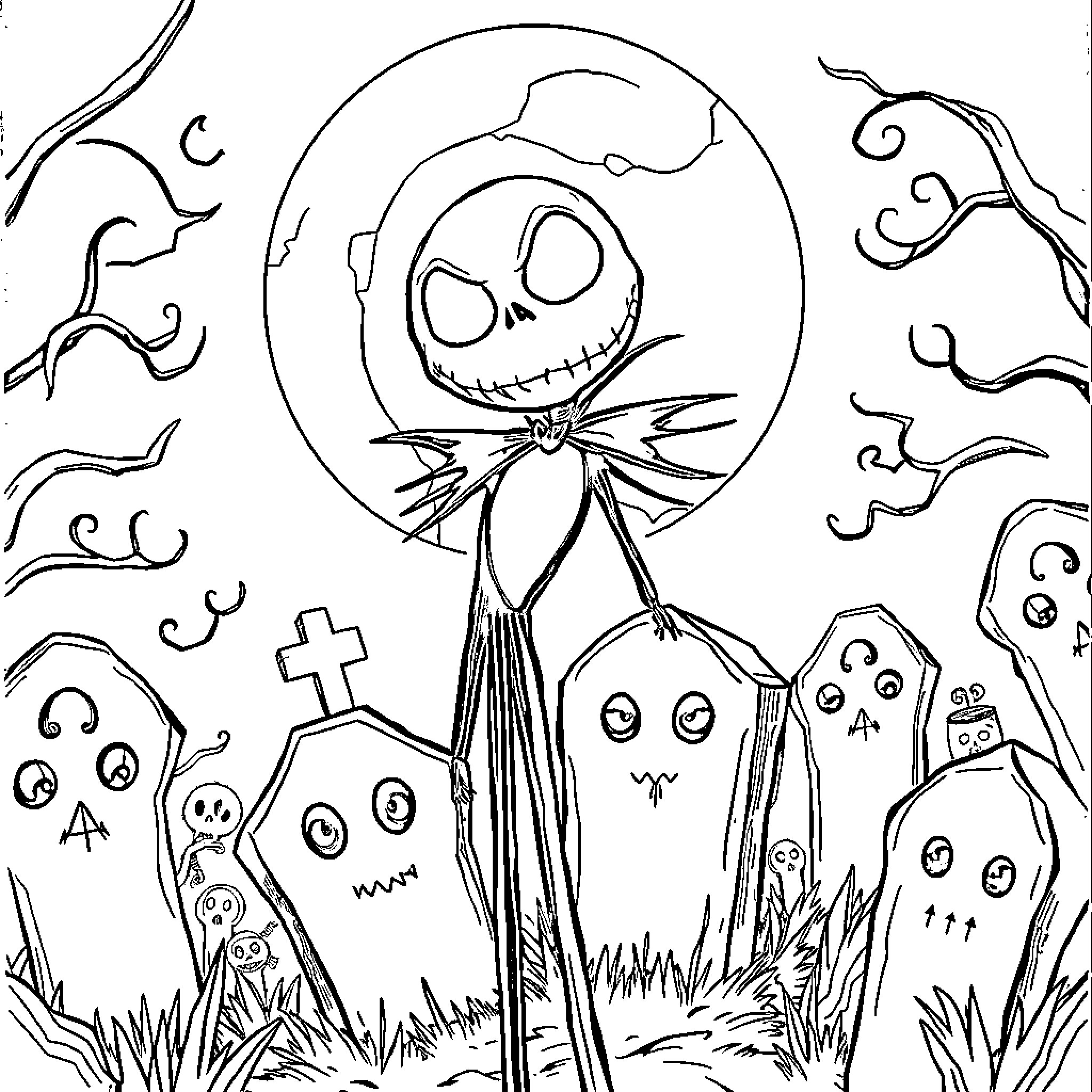 Jack Skellington spooky scene with haunting characters Coloring Page (free black-and-white line drawing printable PDF for all, from beginners to advanced learners, including children, teens, adults, and seniors)