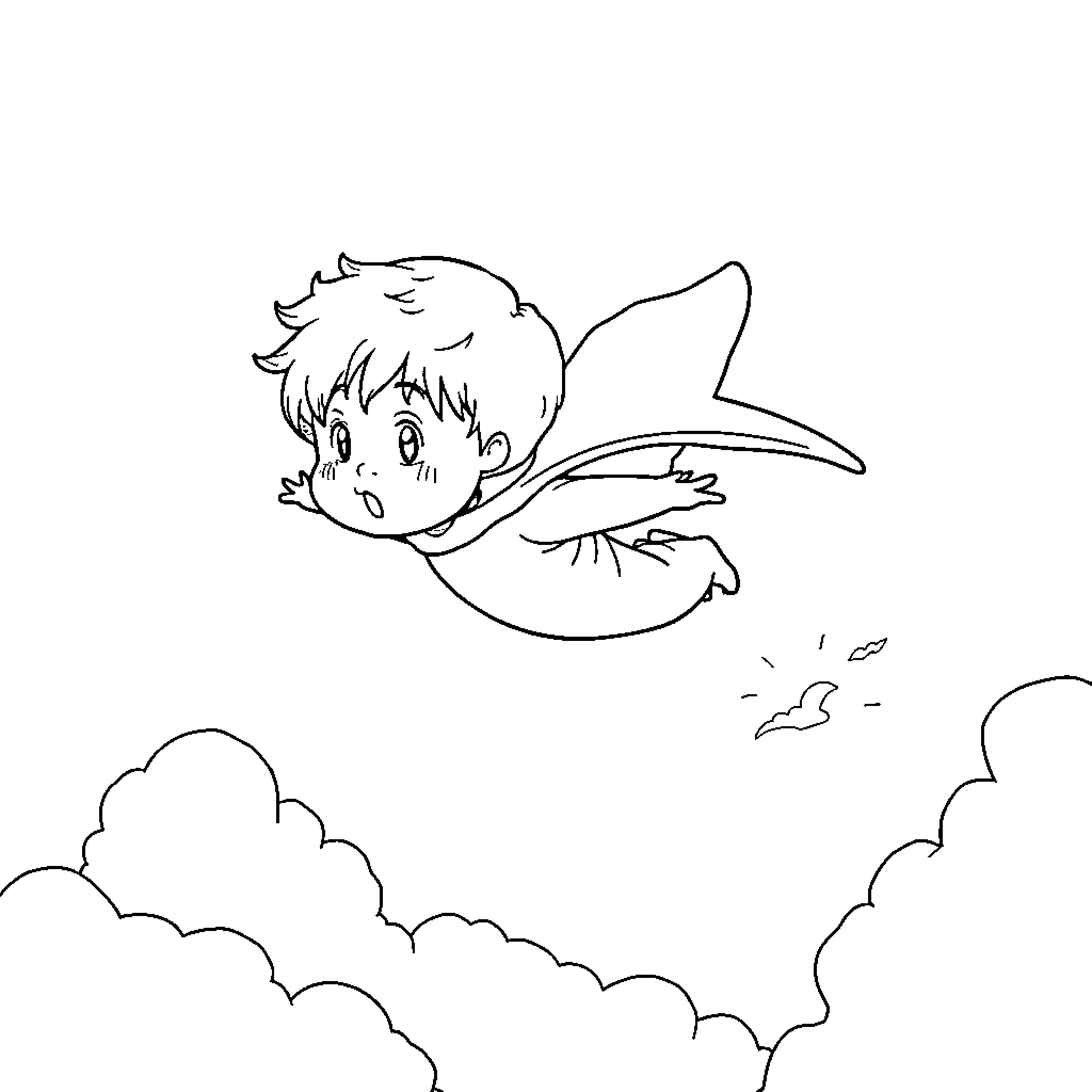 Niño flying happily among the clouds Coloring Page (free black-and-white line drawing printable PDF for all, from beginners to advanced learners, including children, teens, adults, and seniors)