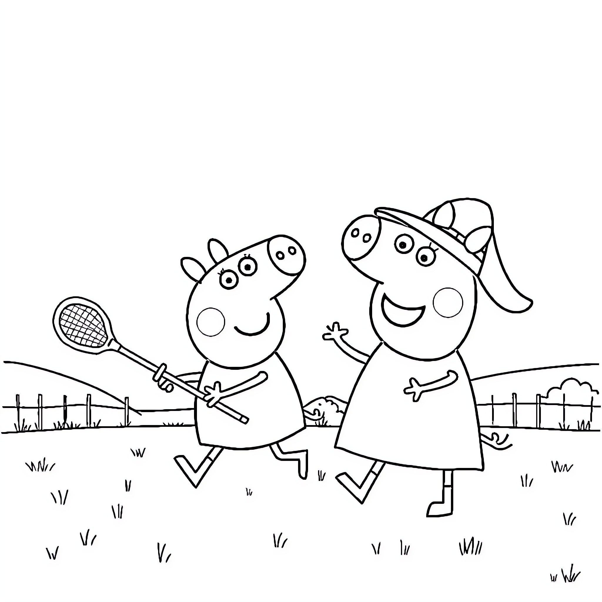 Peppa Pig and Friends Playing Tennis Outdoors Coloring Page (free black-and-white line drawing printable PDF for all, from beginners to advanced learners, including children, teens, adults, and seniors)
