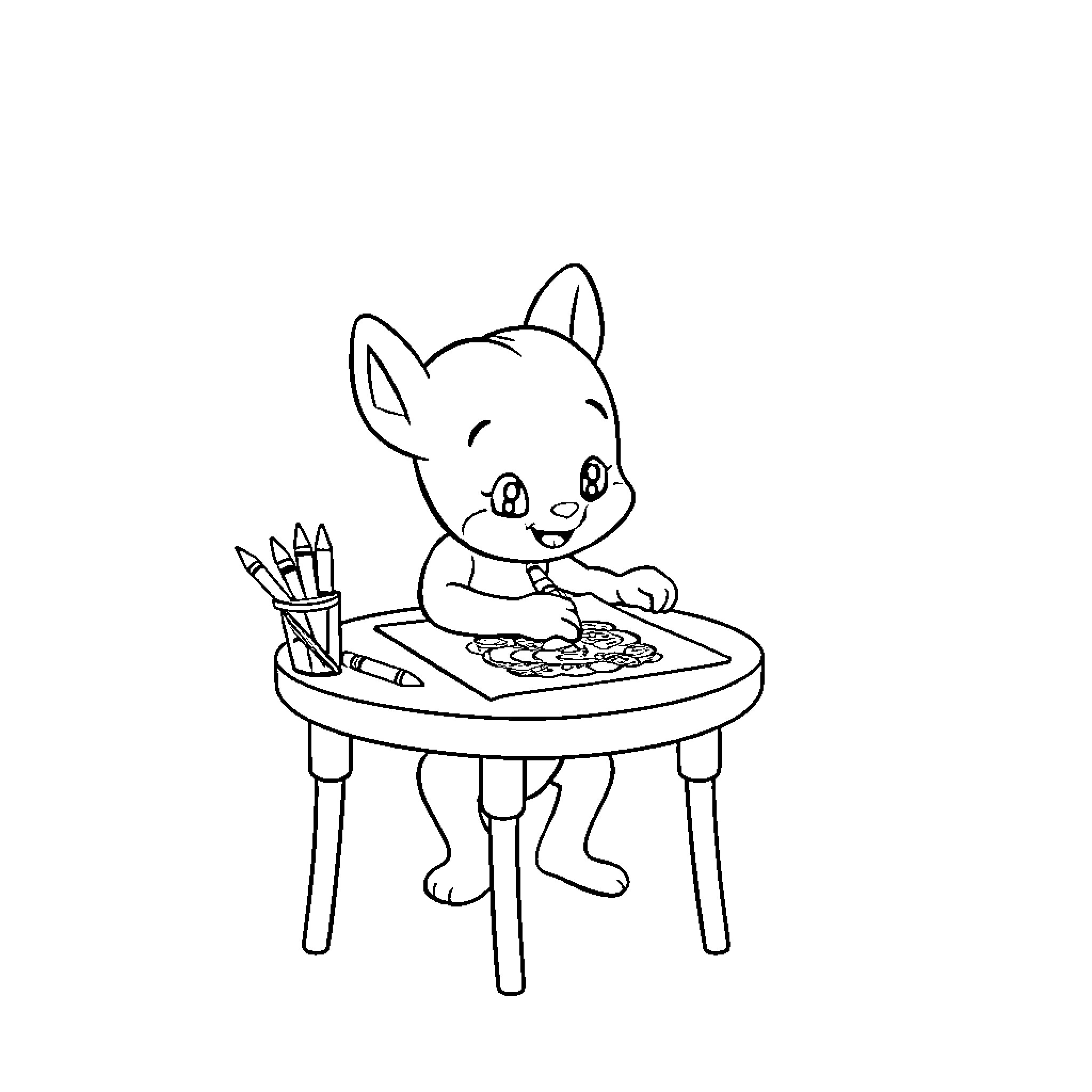 Bluey drawing happily at the table Coloring Page (free black-and-white line drawing printable PDF for all, from beginners to advanced learners, including children, teens, adults, and seniors)