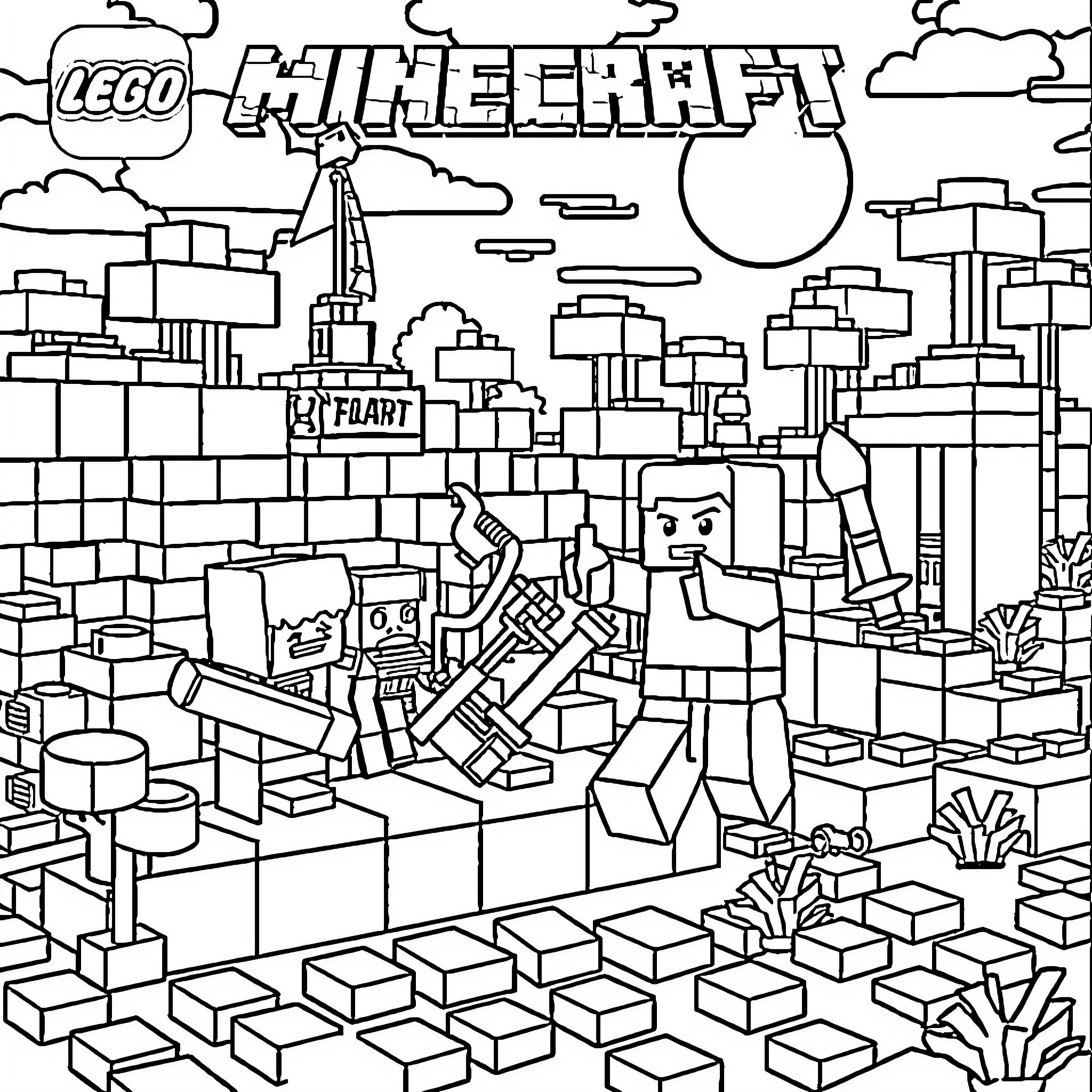 Lego Minecraft Characters in Blocky Landscape Coloring Page (free black-and-white line drawing printable PDF for all, from beginners to advanced learners, including children, teens, adults, and seniors)