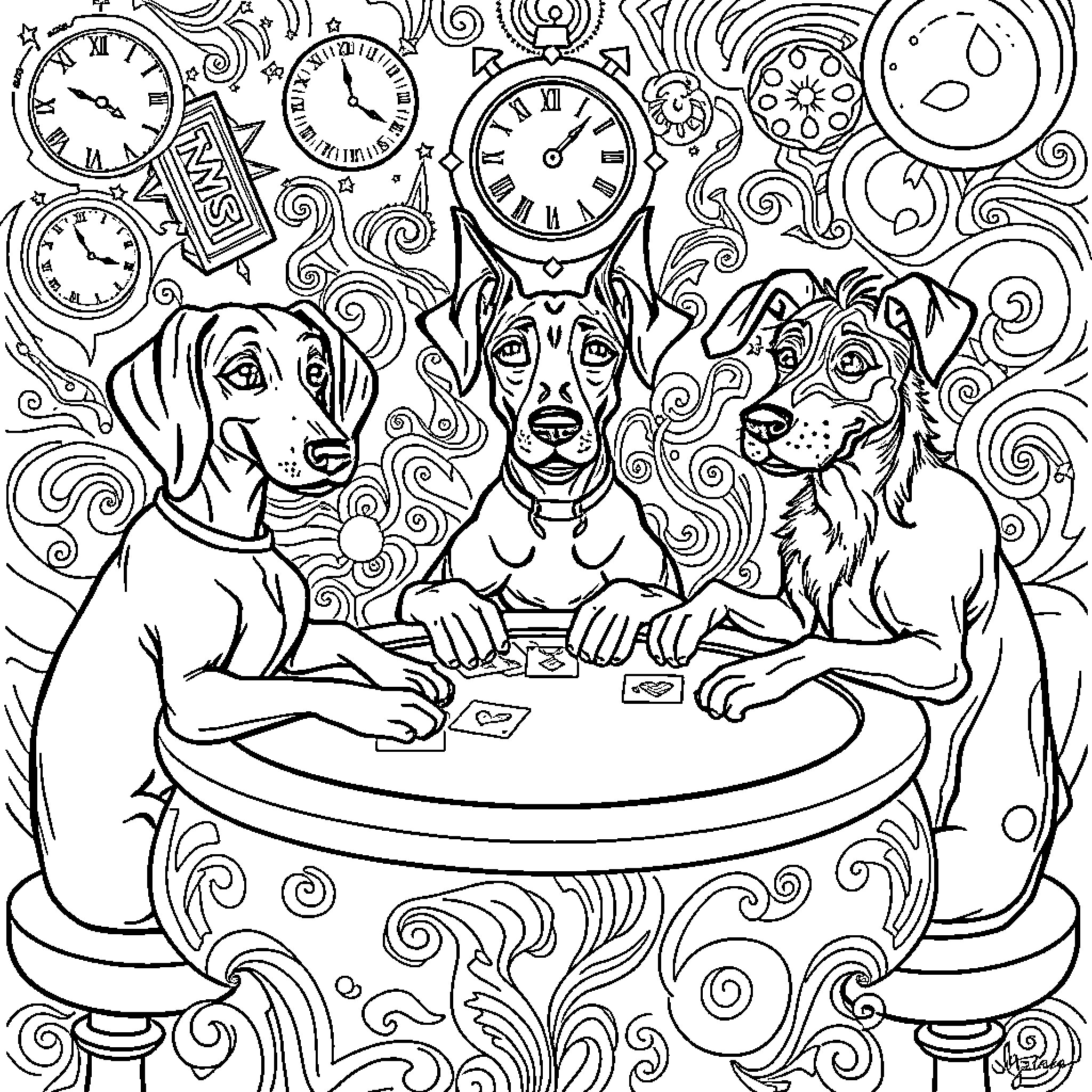 Dogs playing cards in a whimsical scene Coloring Page (free black-and-white line drawing printable PDF for all, from beginners to advanced learners, including children, teens, adults, and seniors)