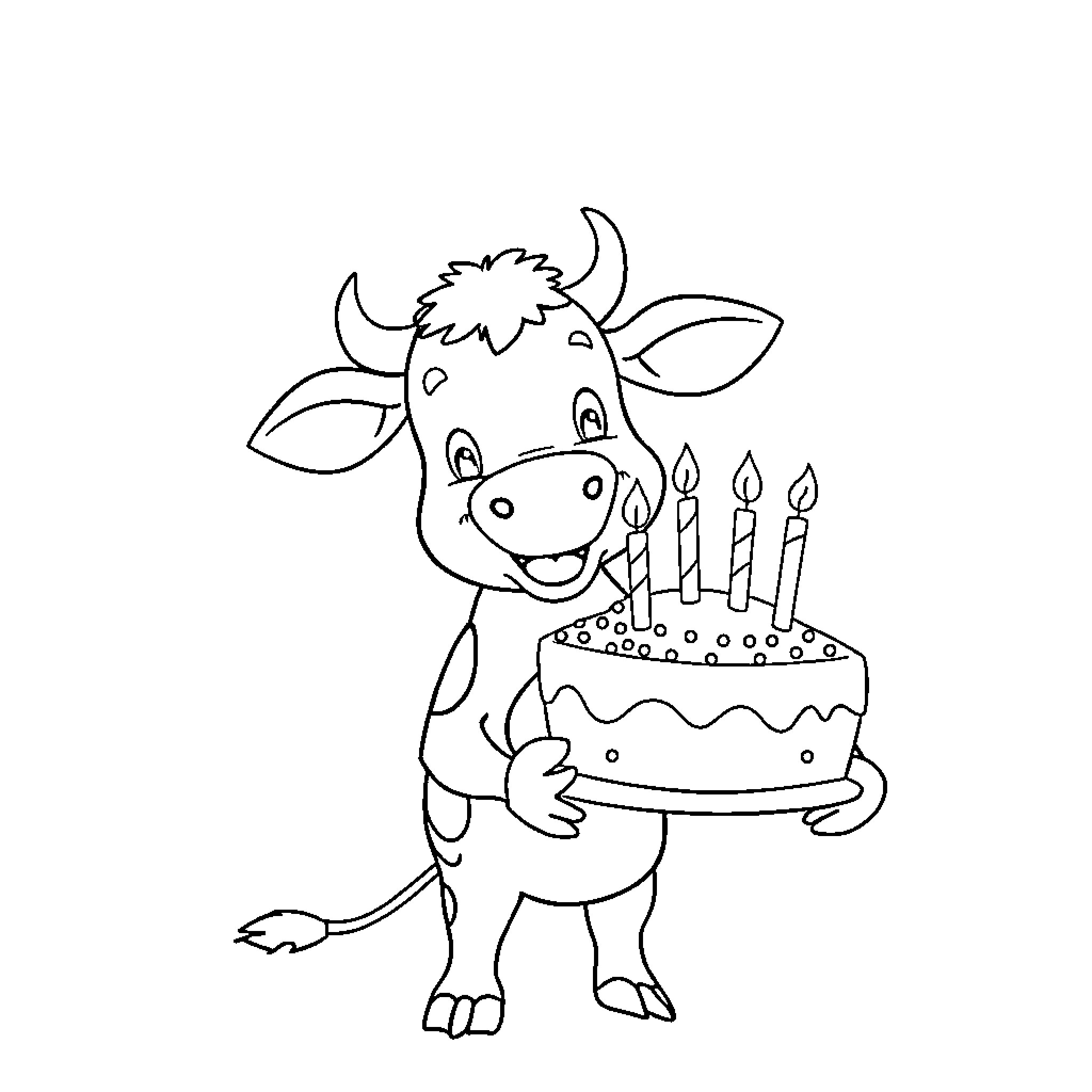 Cow with Birthday Cake and Candles Coloring Page (free black-and-white line drawing printable PDF for all, from beginners to advanced learners, including children, teens, adults, and seniors)