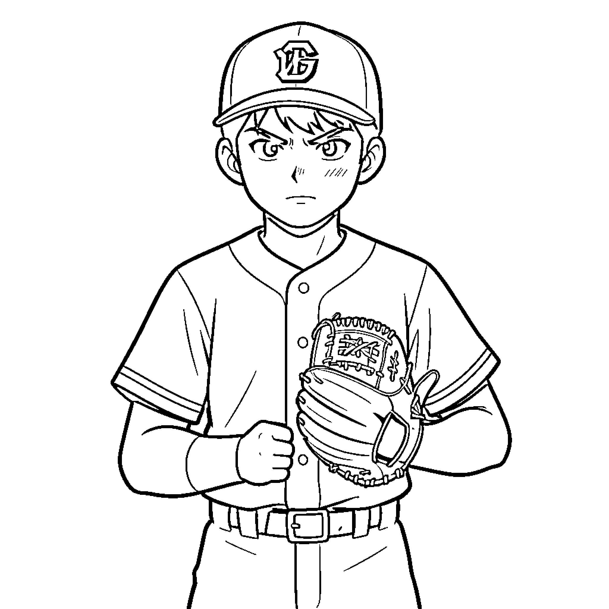 Yoshinobu Yamamoto in baseball uniform with serious expression Coloring Page (free black-and-white line drawing printable PDF for all, from beginners to advanced learners, including children, teens, adults, and seniors)