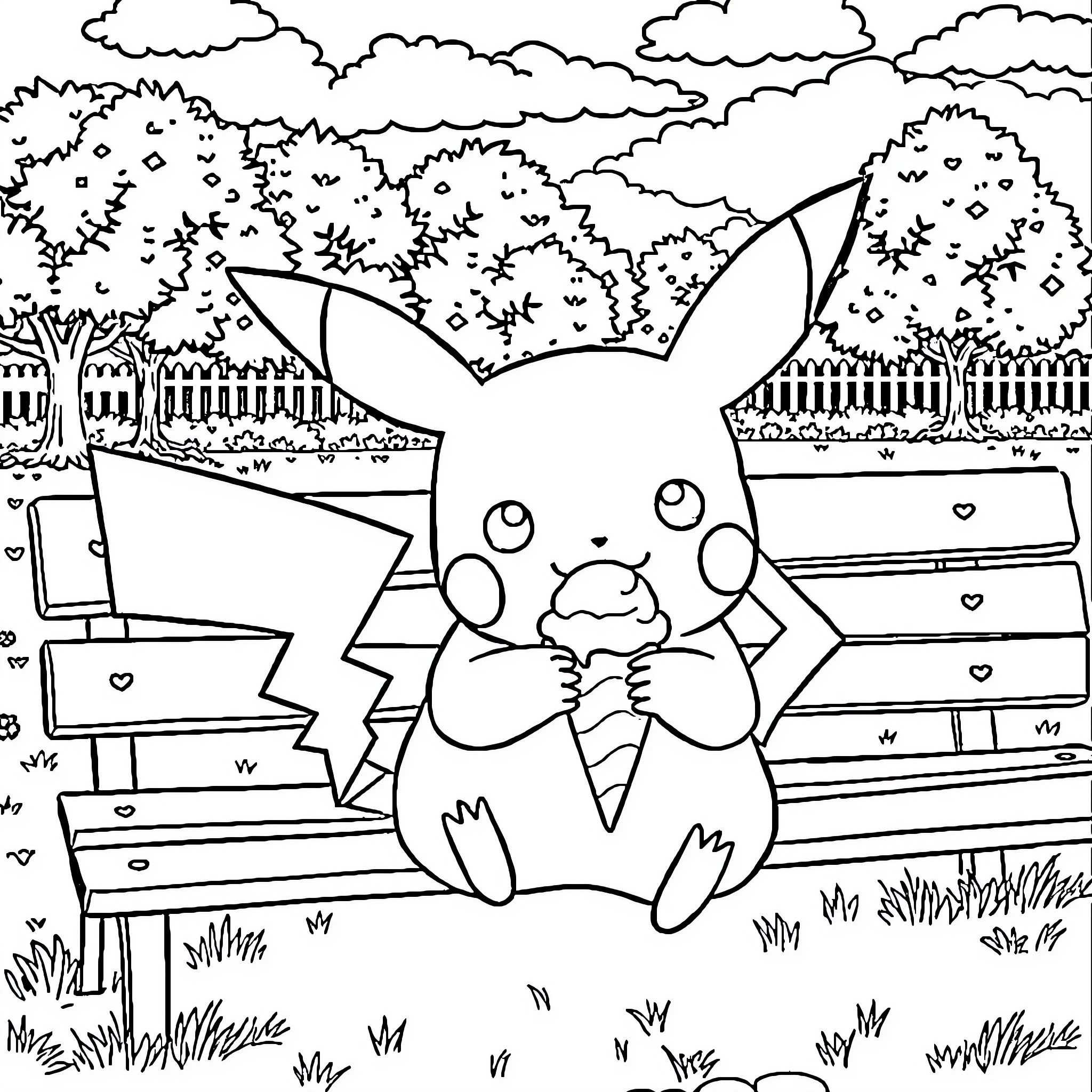 Pikachu enjoying a snack in a peaceful forest Coloring Page (free black-and-white line drawing printable PDF for all, from beginners to advanced learners, including children, teens, adults, and seniors)