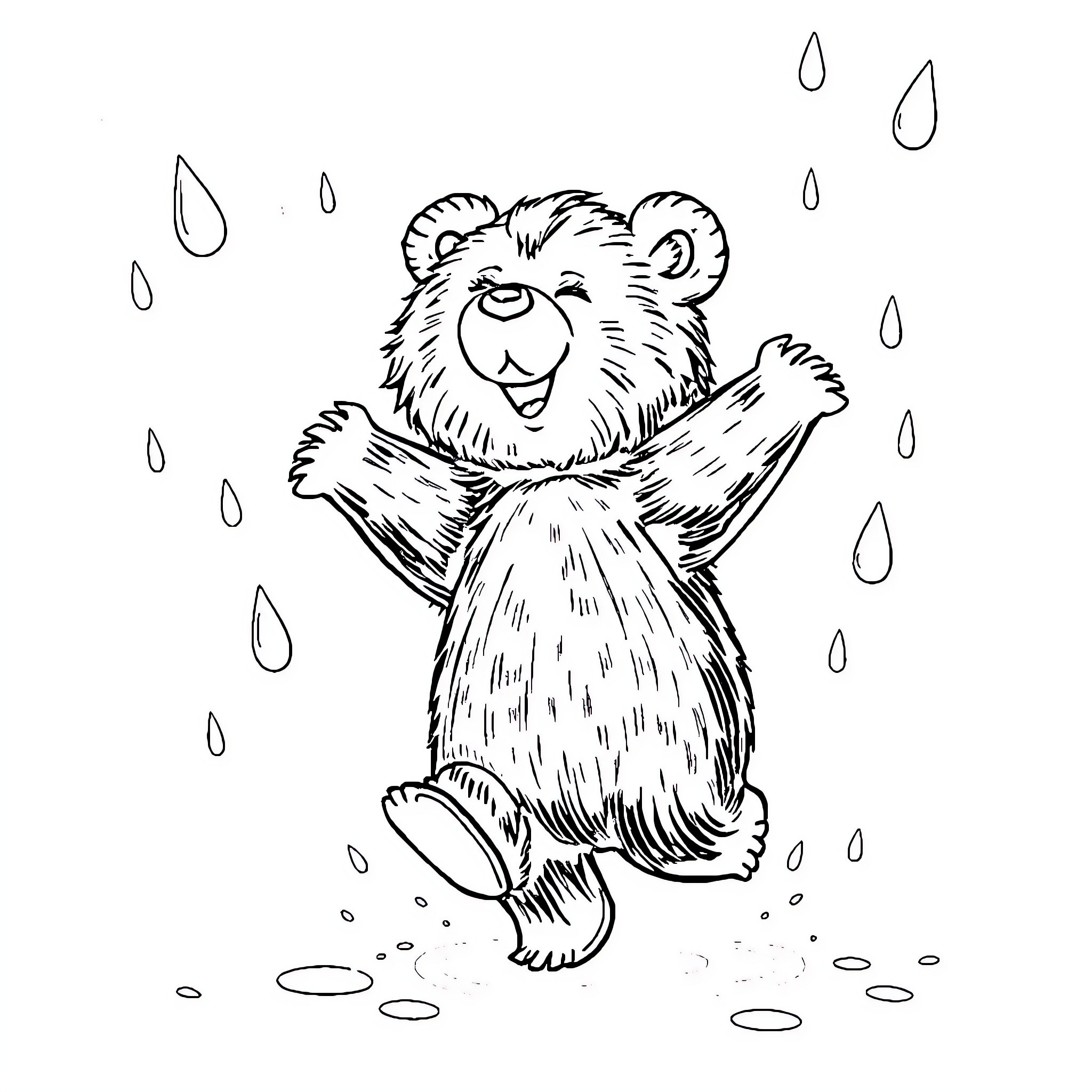 Brown Bear dancing in the rain Coloring Page (free black-and-white line drawing printable PDF for all, from beginners to advanced learners, including children, teens, adults, and seniors)