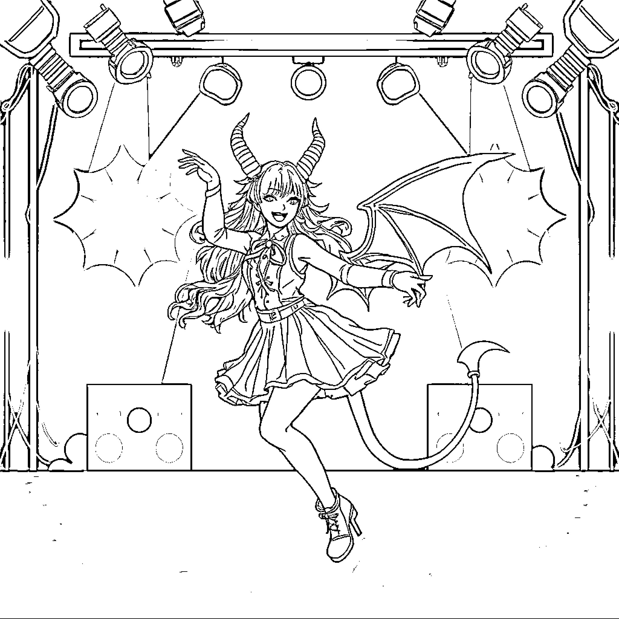Mira's Magical Stage Performance Coloring Page (free black-and-white line drawing printable PDF for all, from beginners to advanced learners, including children, teens, adults, and seniors)