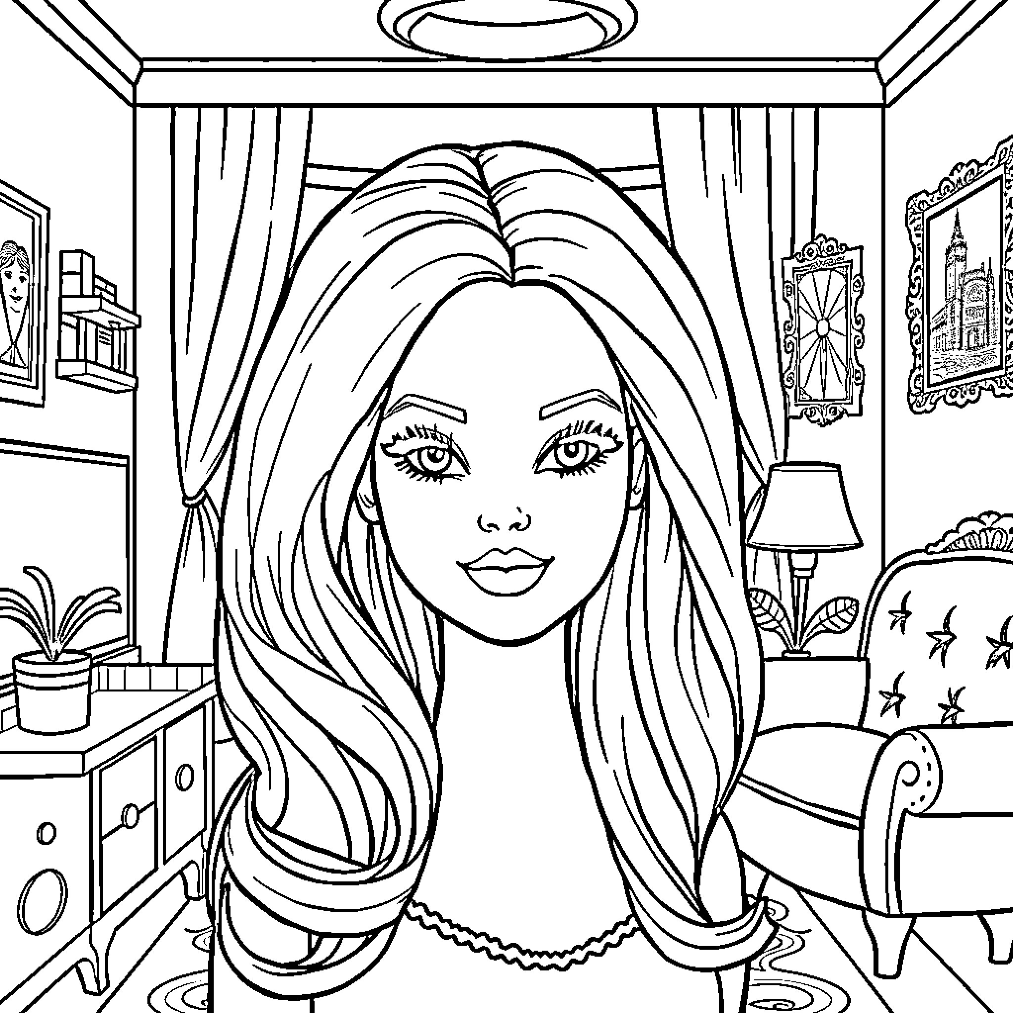 Face of a woman with long hair in a cozy room Coloring Page (free black-and-white line drawing printable PDF for all, from beginners to advanced learners, including children, teens, adults, and seniors)