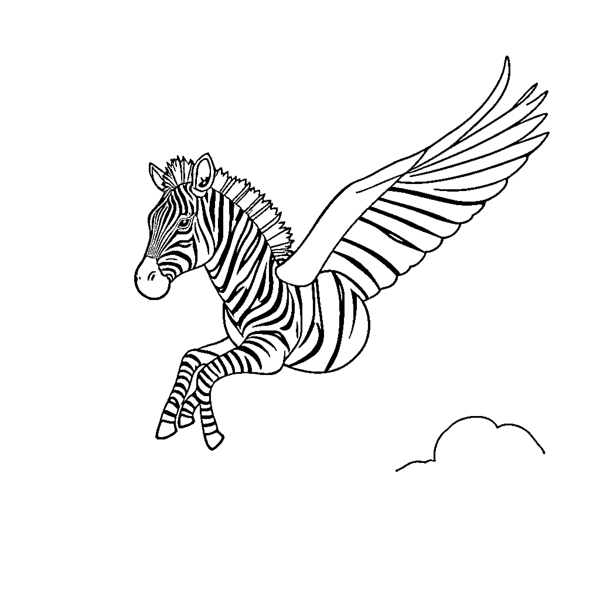 Flying Zebra soaring through the clouds Coloring Page (free black-and-white line drawing printable PDF for all, from beginners to advanced learners, including children, teens, adults, and seniors)