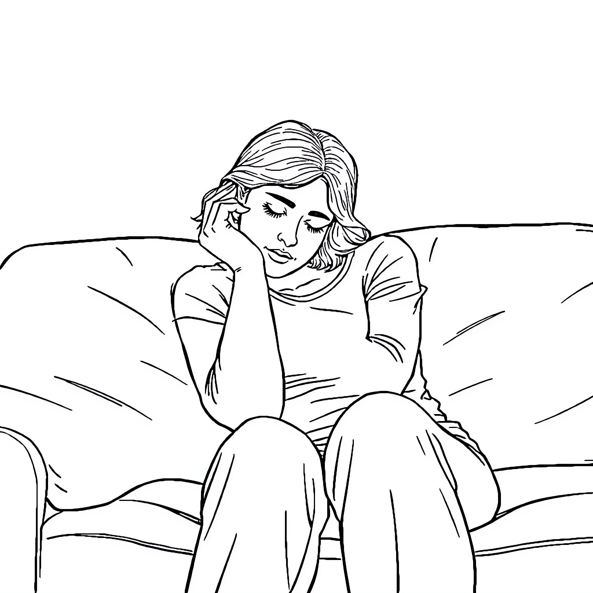 Mother resting peacefully on the couch Coloring Page (free black-and-white line drawing printable PDF for all, from beginners to advanced learners, including children, teens, adults, and seniors)
