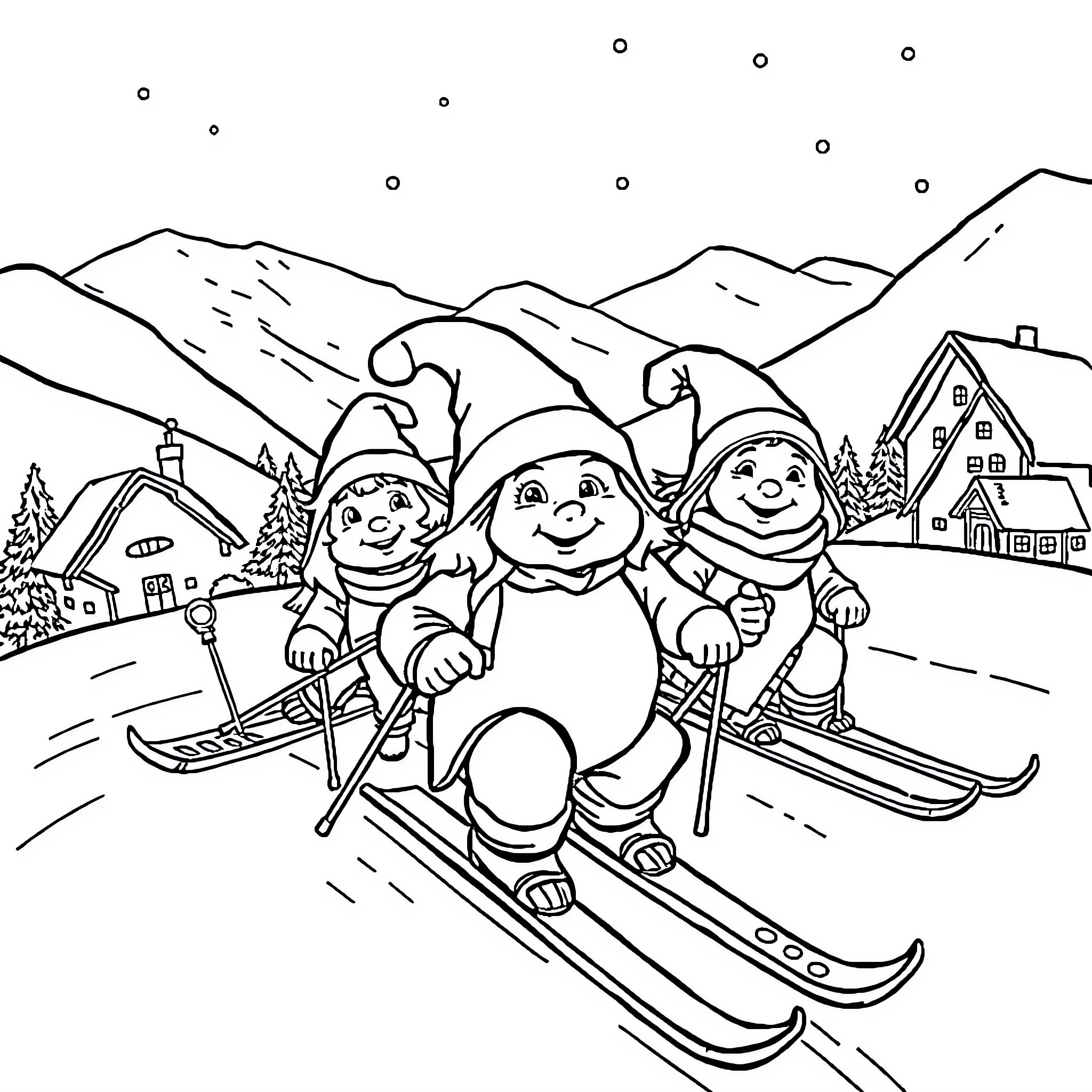 Hobbit friends skiing down the mountain Coloring Page (free black-and-white line drawing printable PDF for all, from beginners to advanced learners, including children, teens, adults, and seniors)