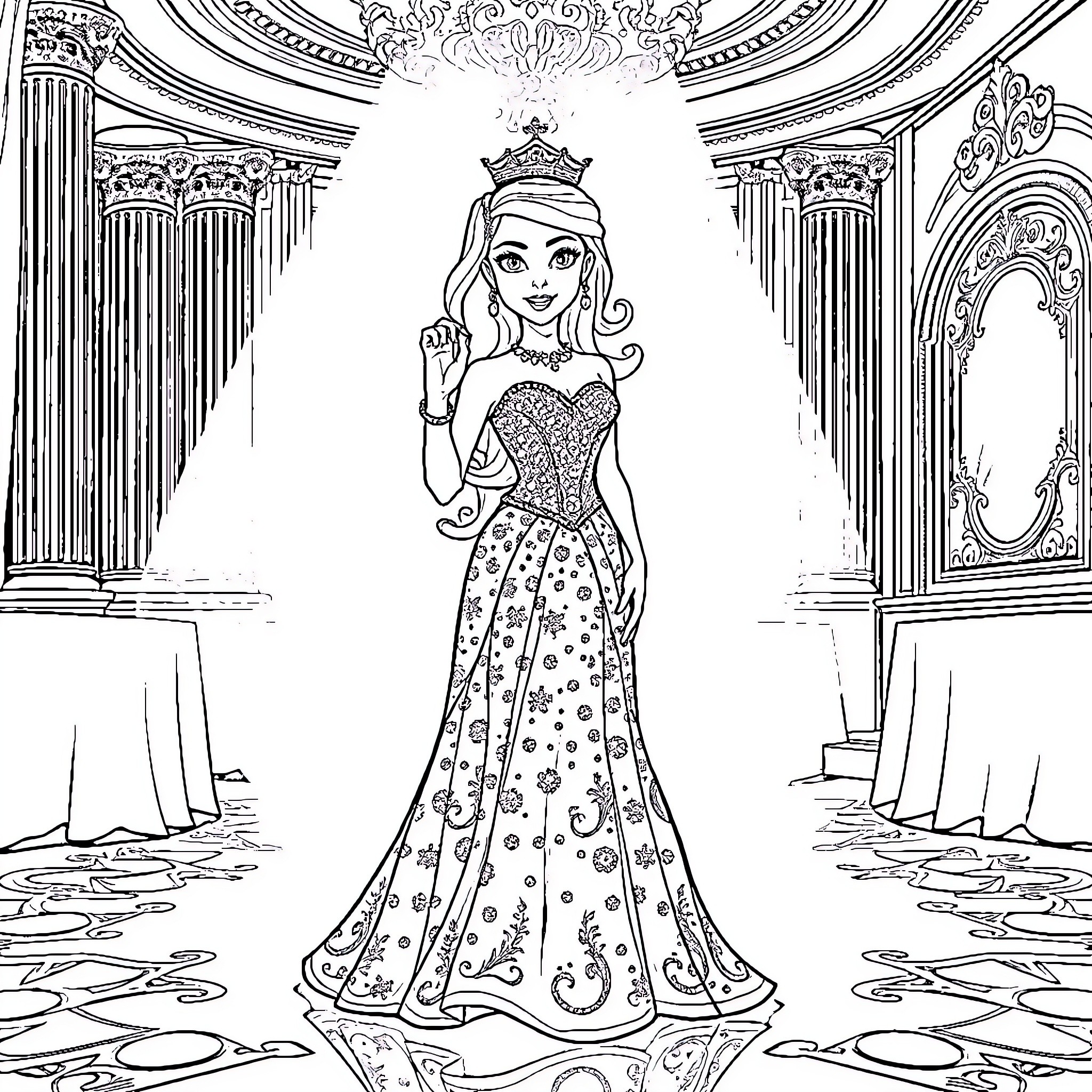 Princess posing gracefully in an elegant ballroom Coloring Page (free black-and-white line drawing printable PDF for all, from beginners to advanced learners, including children, teens, adults, and seniors)