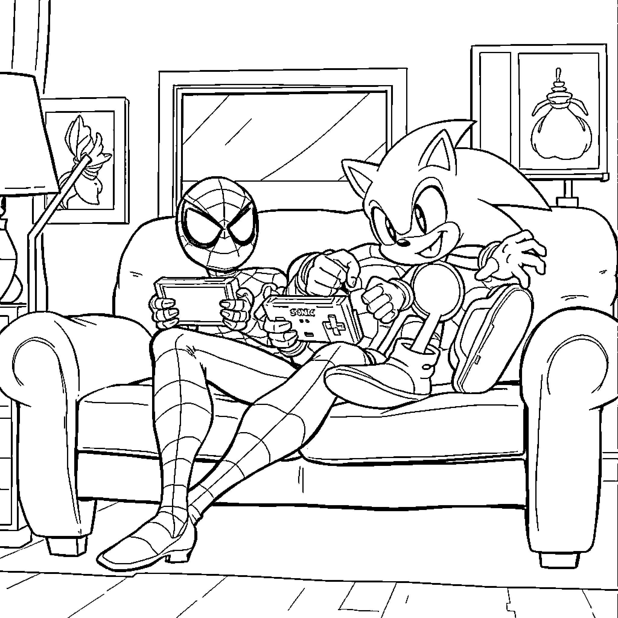 Spider-Man and Sonic the Hedgehog relaxing together Coloring Page (free black-and-white line drawing printable PDF for all, from beginners to advanced learners, including children, teens, adults, and seniors)