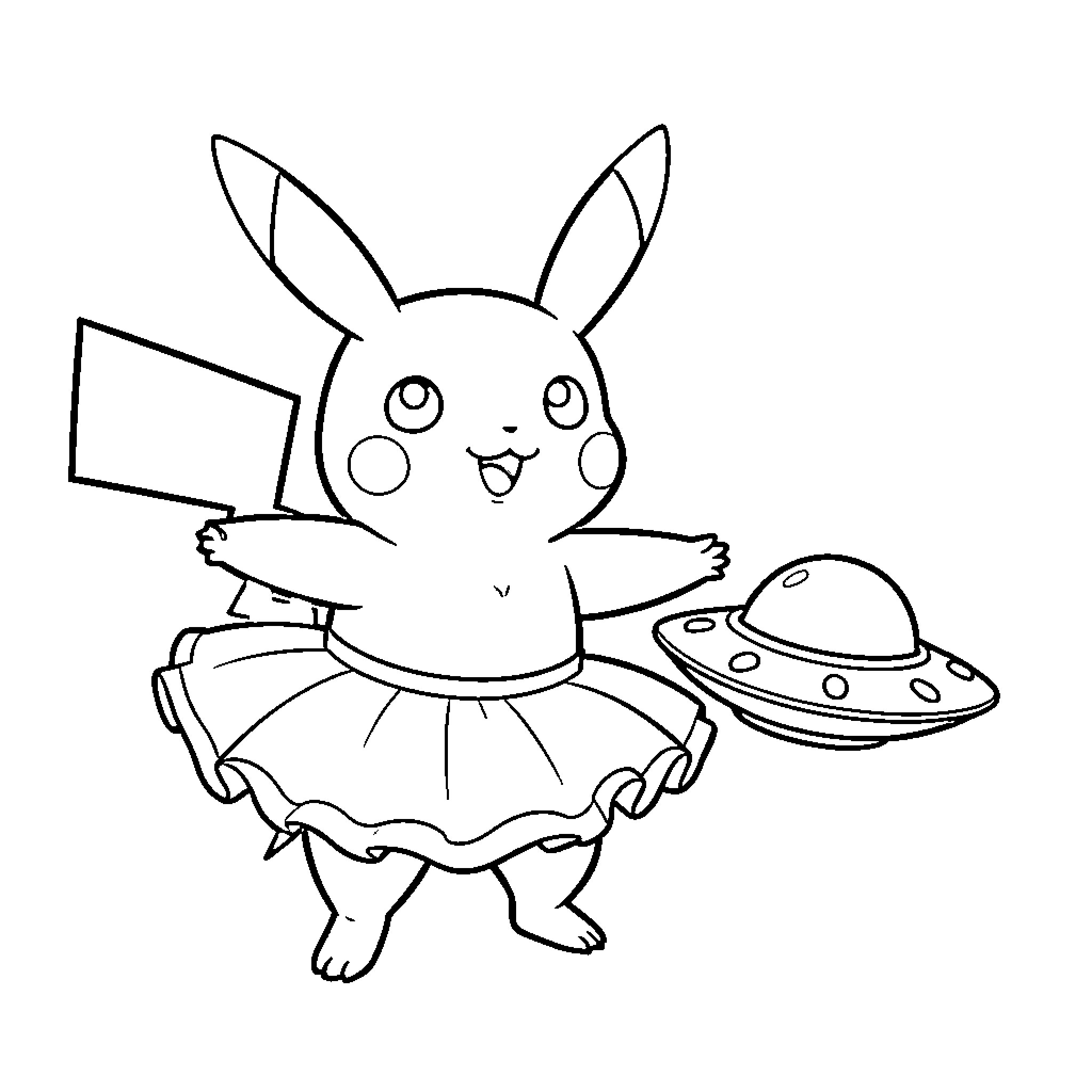 Pikachu wearing a tutu dancing near a flying saucer Coloring Page (free black-and-white line drawing printable PDF for all, from beginners to advanced learners, including children, teens, adults, and seniors)