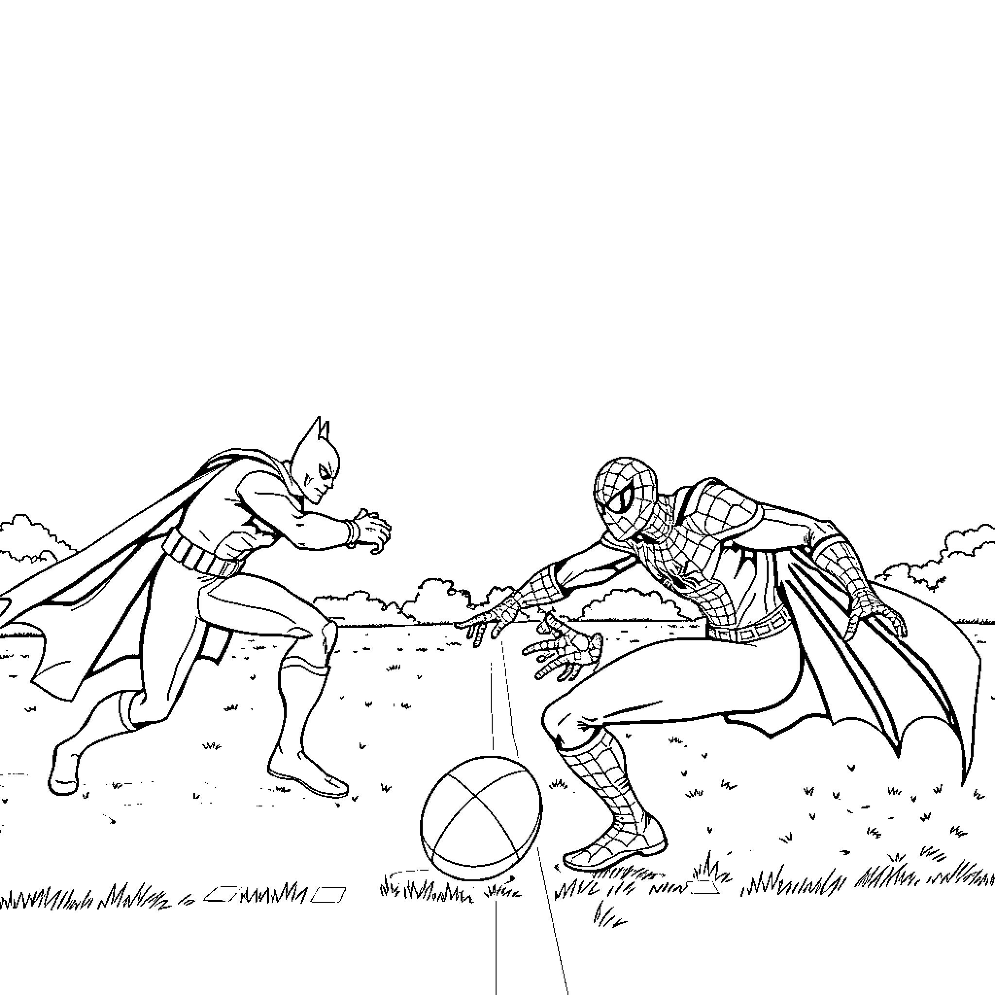 Superhero showdown in an open field Coloring Page (free black-and-white line drawing printable PDF for all, from beginners to advanced learners, including children, teens, adults, and seniors)
