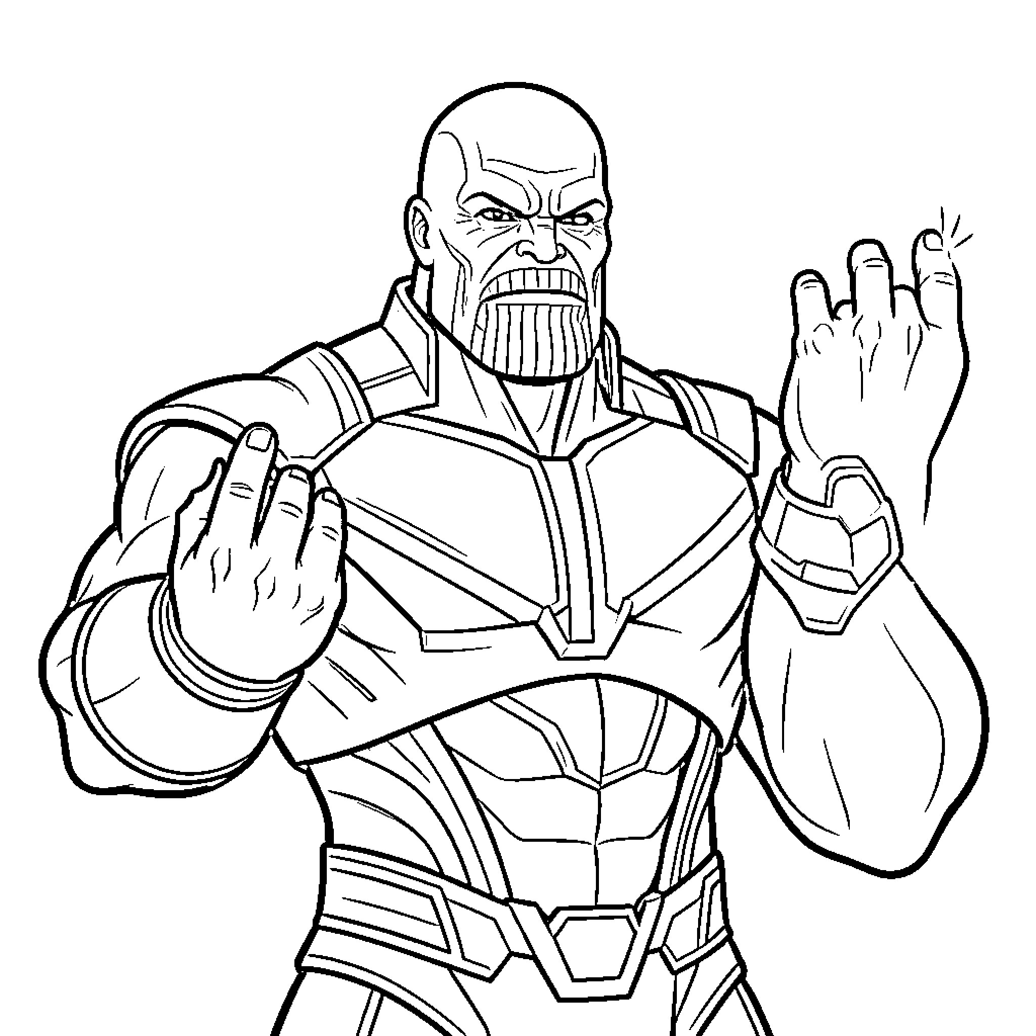 Thanos snapping his fingers with a determined expression Coloring Page (free black-and-white line drawing printable PDF for all, from beginners to advanced learners, including children, teens, adults, and seniors)