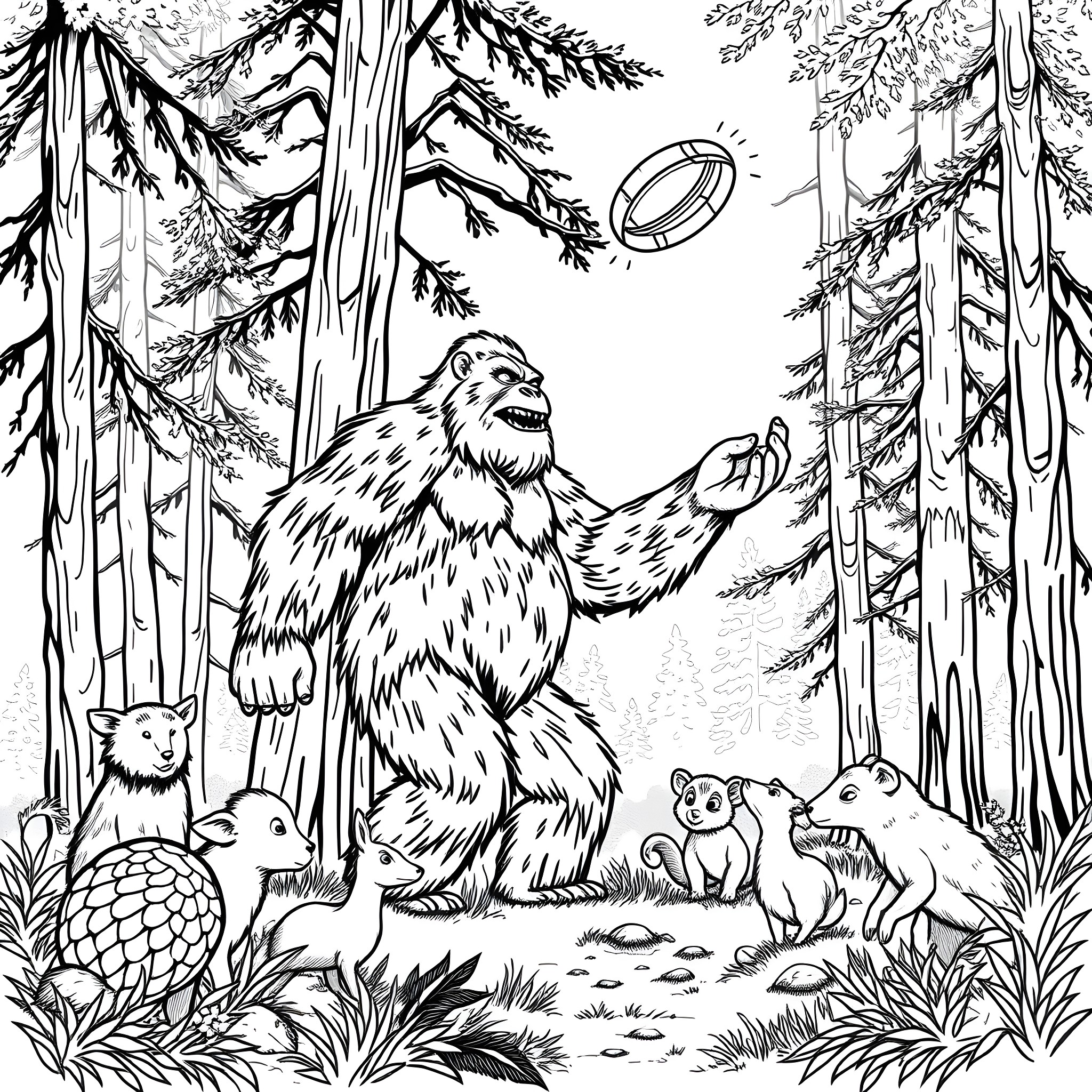Bigfoot encountering woodland creatures in the forest Coloring Page (free black-and-white line drawing printable PDF for all, from beginners to advanced learners, including children, teens, adults, and seniors)
